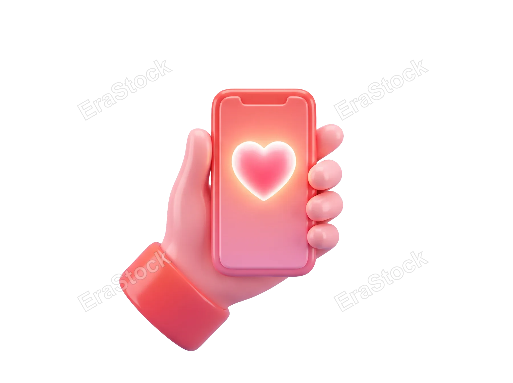 A stylized cartoon hand cradles a mobile device with a vibrant, illuminated heart symbol on its screen, representing digital affection