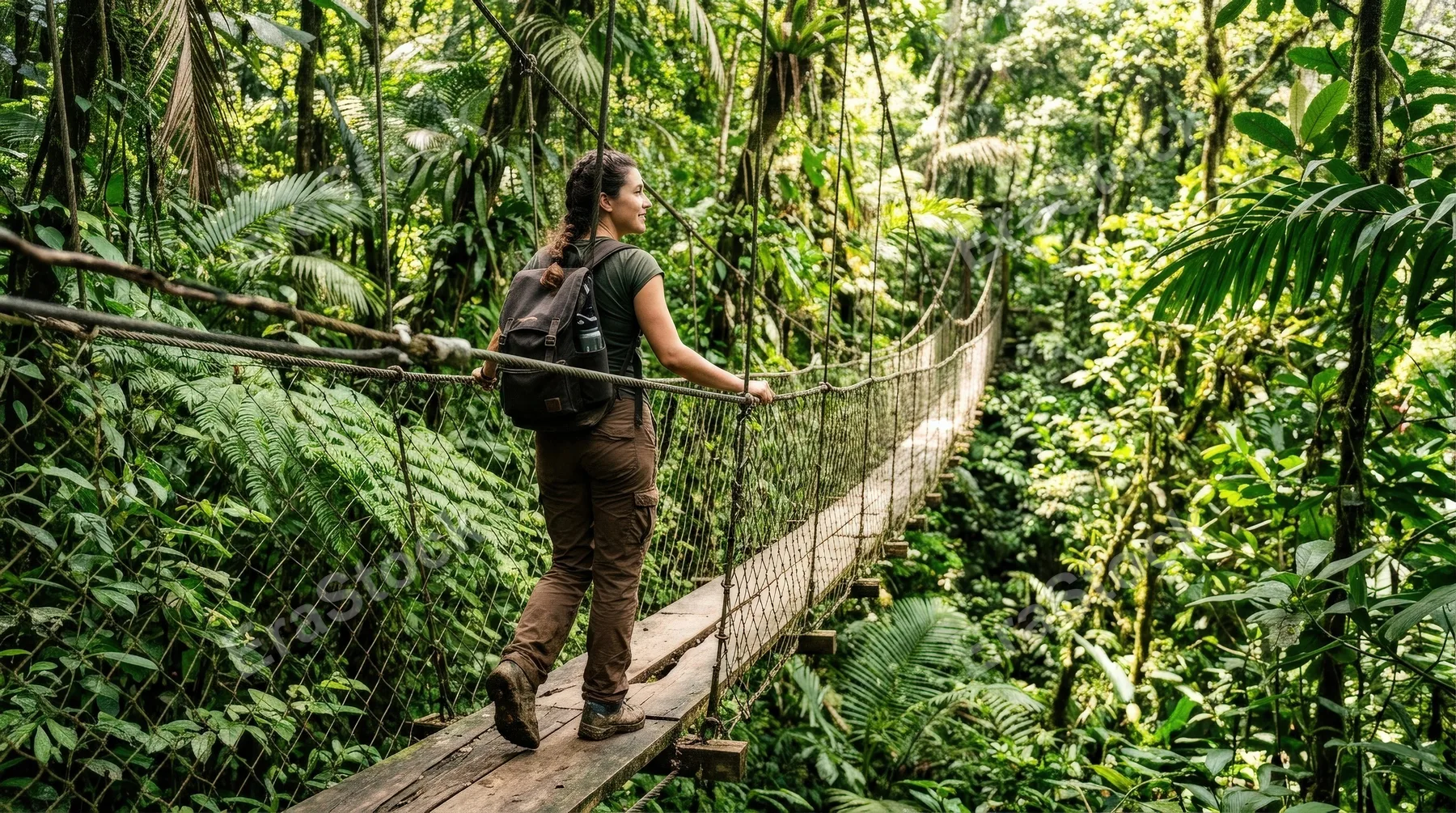 A woman exploring lush jungle on a suspended walkway, dense greenery, filtered sunlight and adventurous tropical atmosphere, ultra-realistic, no logos.