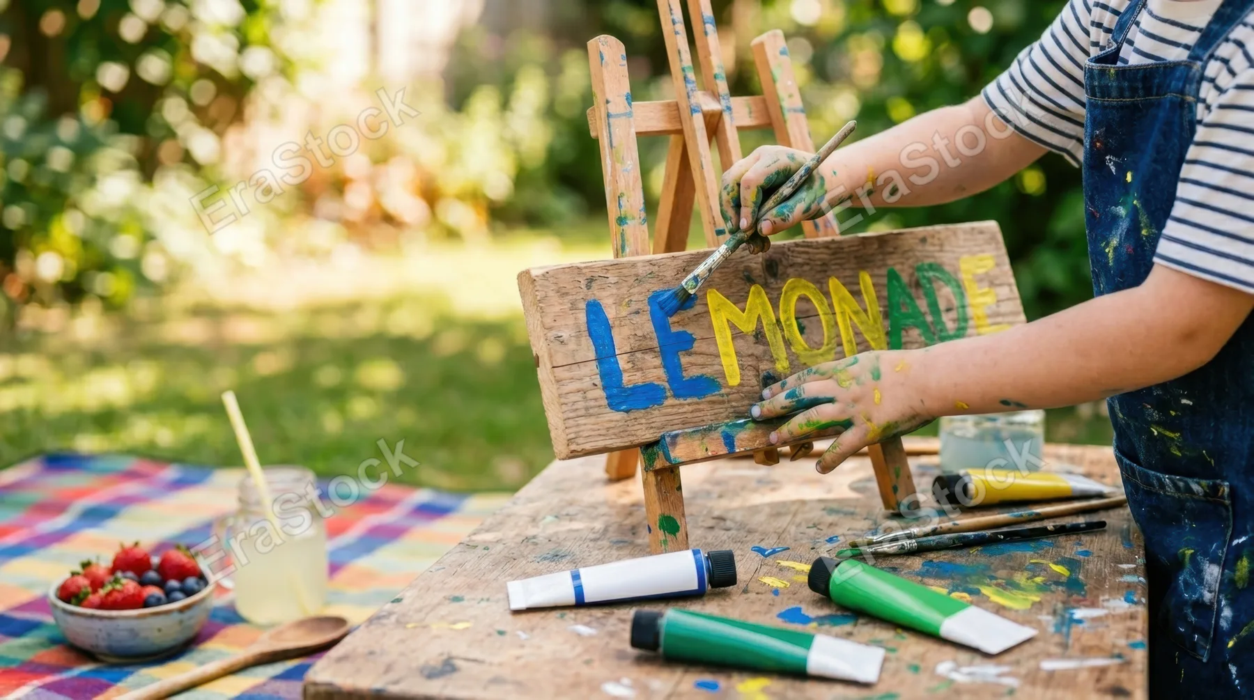 bold and clean composition showcasing the child's hands actively painting signs with acrylic paints, a few snacks from the picnic blanket visible in the corner of the