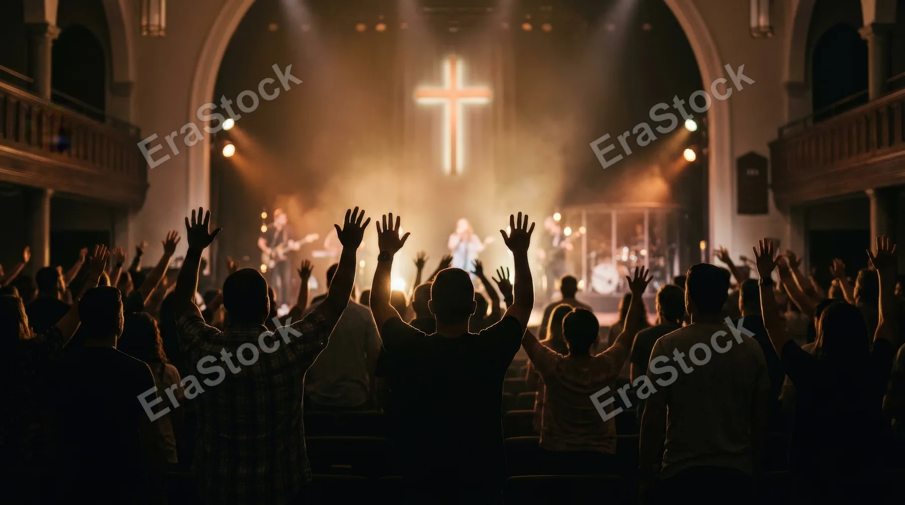 Silhouetted worshipers raising hands toward a glowing cross, blurred church stage, warm haze and backlight, deep faith and hopeful spiritual gathering atmosphere, ultra-realistic, no logos.