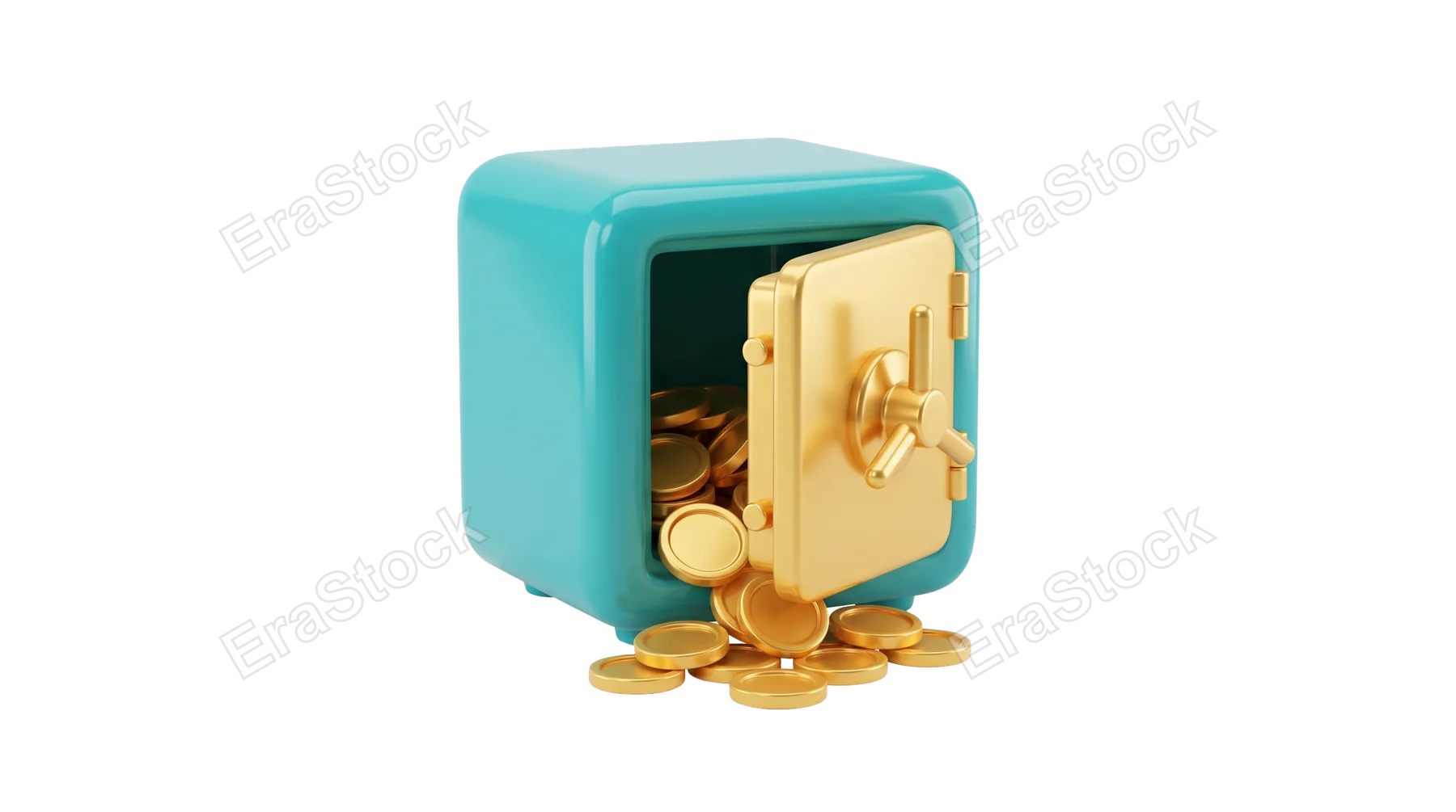 A stylized teal safe with its golden door ajar, spilling out shiny gold coins onto a white background, representing financial abundance and protection