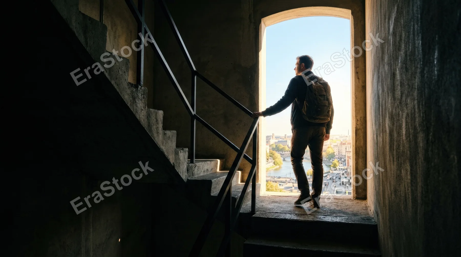 A man at the top of a dark staircase facing a bright exit, deep shadows, stark architectural lines, radiant opening and a hopeful atmosphere of opportunity, transition, and success, ultra-realistic,