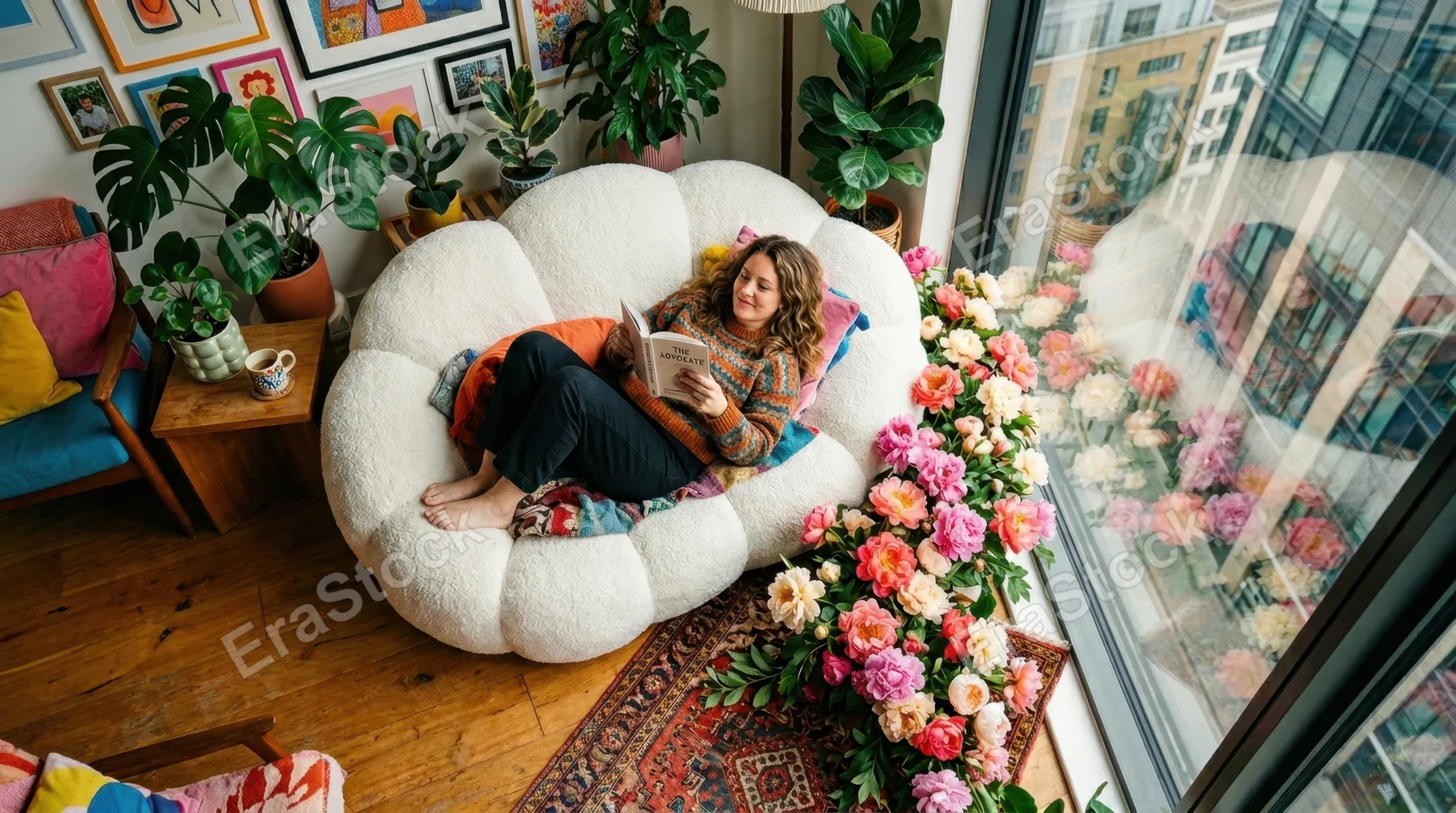 an overhead view of the advocate comfortably nestled in the fluffy cloud sofa, peonies gently cascading over the sofas edge while city skyline reflections shimmer in the