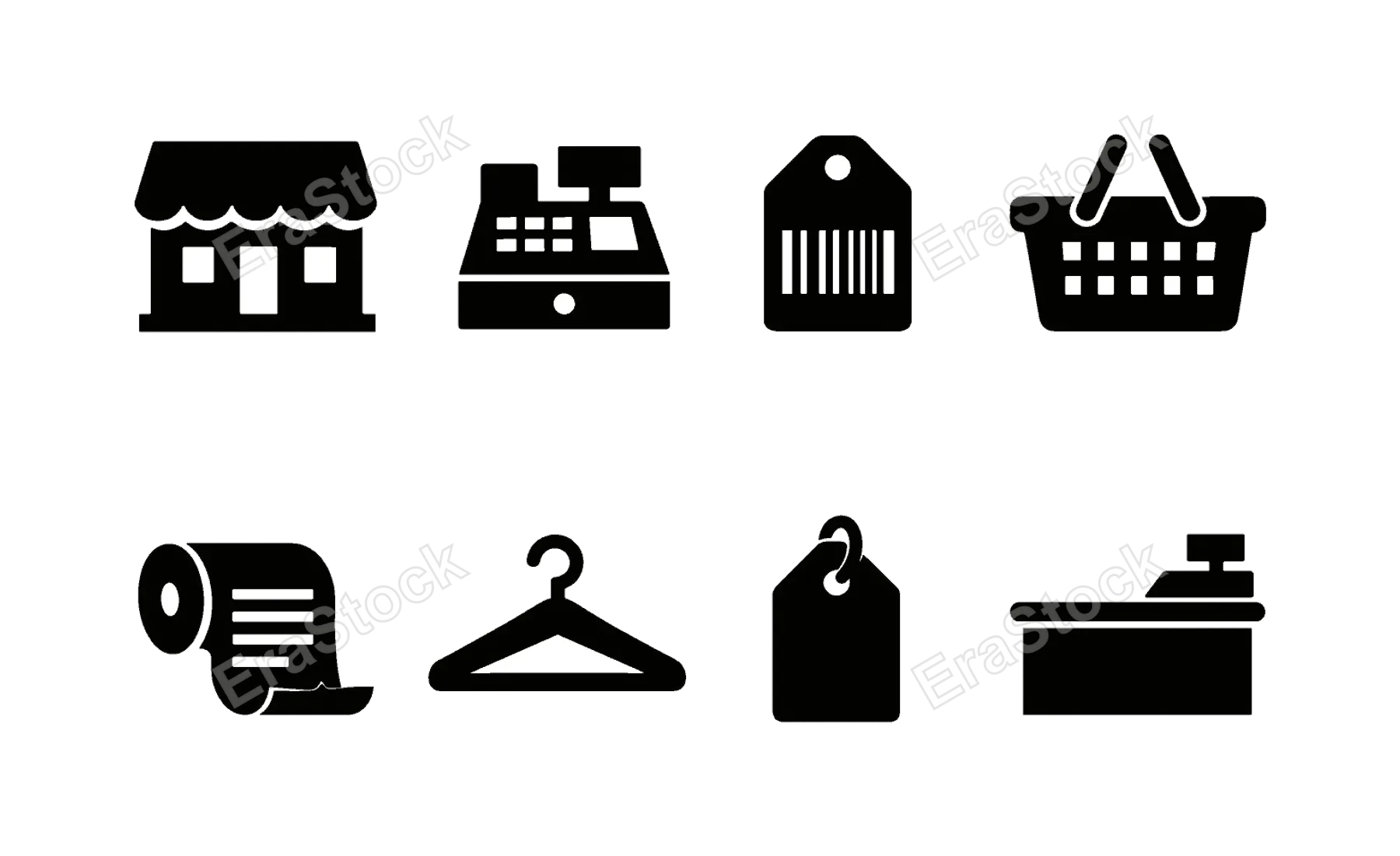Retail store operations: storefront building, cash register, barcode tag, shopping basket, receipt roll, clothing hanger, price tag label, checkout counter
