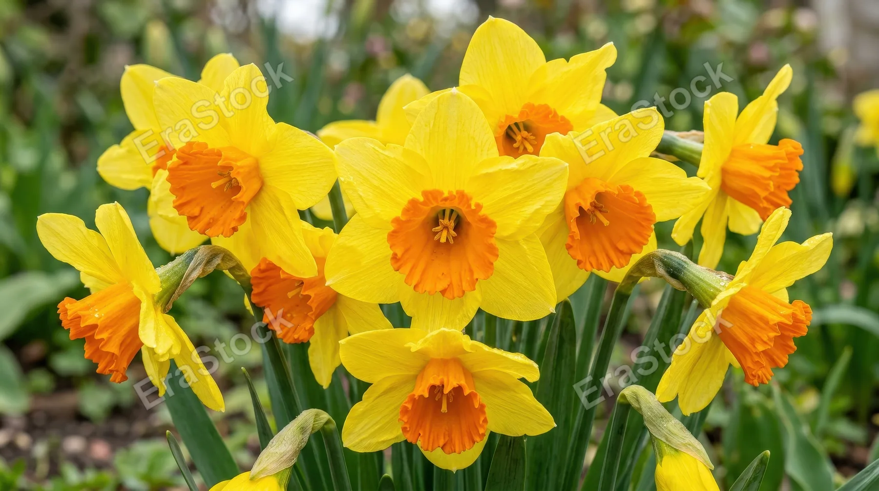 A detailed close-up of yellow daffodils with orange centers gathered in bloom, natural petal textures and lively spring color, ultra-realistic, no logos.