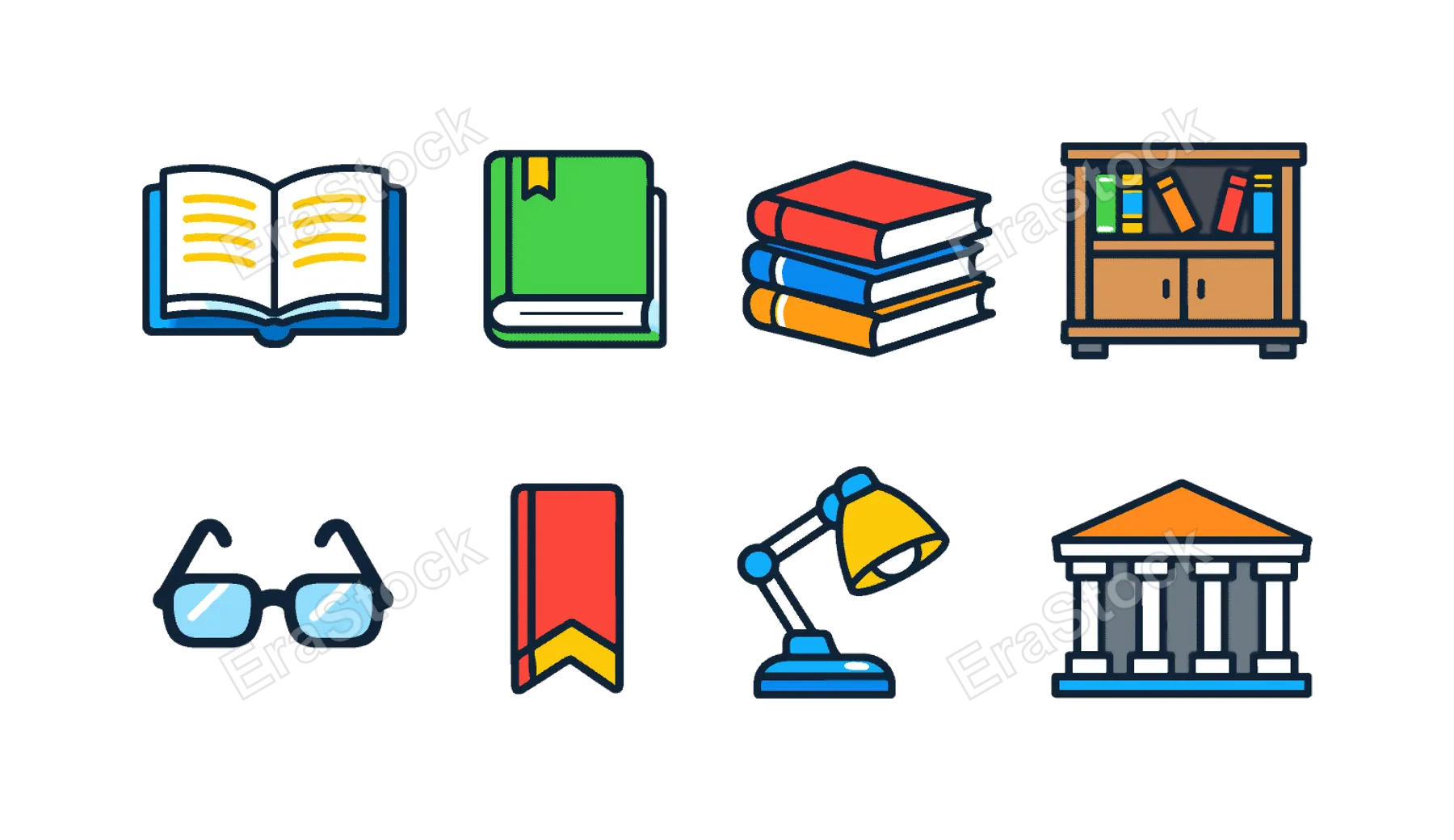 Book reading library: open book, closed hardcover book, stack of books, bookshelf cabinet, reading glasses, bookmark ribbon, table reading lamp, library building