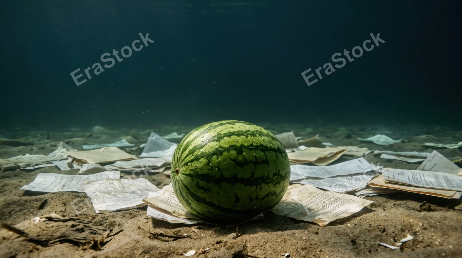 a graphic commercial shot featuring the watermelon prominently in the foreground, surrounded by submerged paperwork, with generous negative space above for text overlay