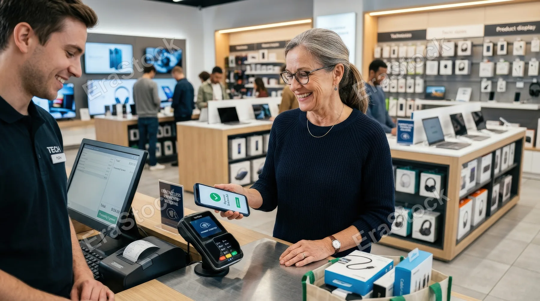 A smiling mature woman making a payment by smartphone at an electronics store checkout counter, modern retail displays, clean lighting, convenient everyday technology atmosphere, ultra-realistic, no