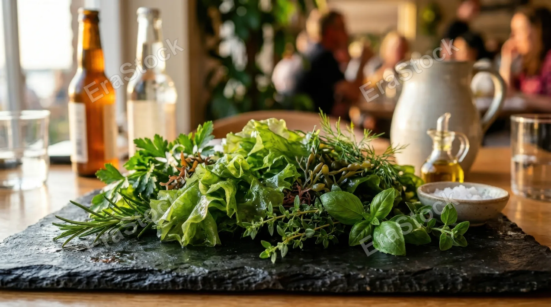a close-up view of lush sea lettuce and herbs displaying intricate textures and vibrant greens on slate. the warm daylight creates rich contrasts, highlighting the