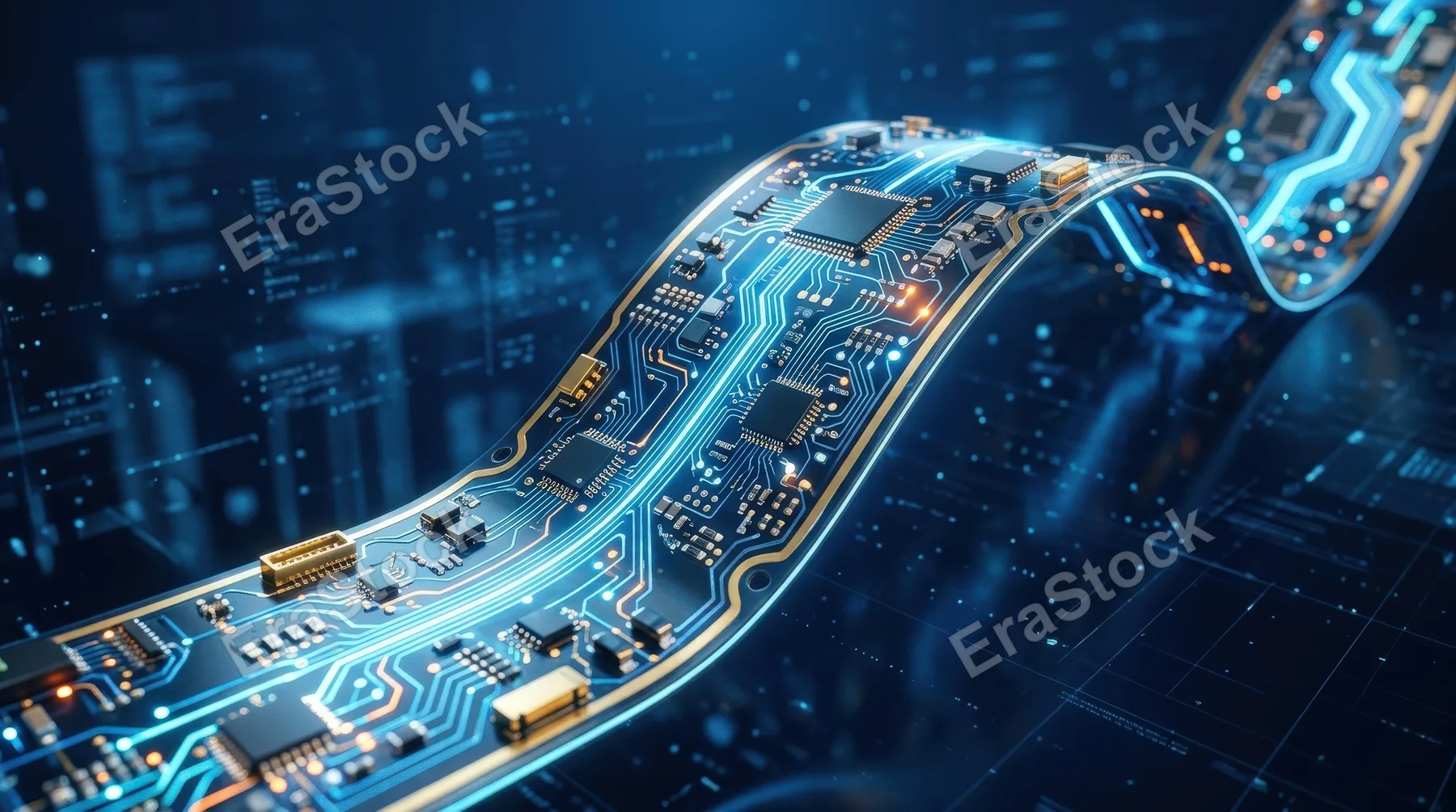 A curved circuit ribbon with microchip traces on a blue background, luminous pathways, sleek tech detail, clean futuristic atmosphere, ultra-realistic, no logos.