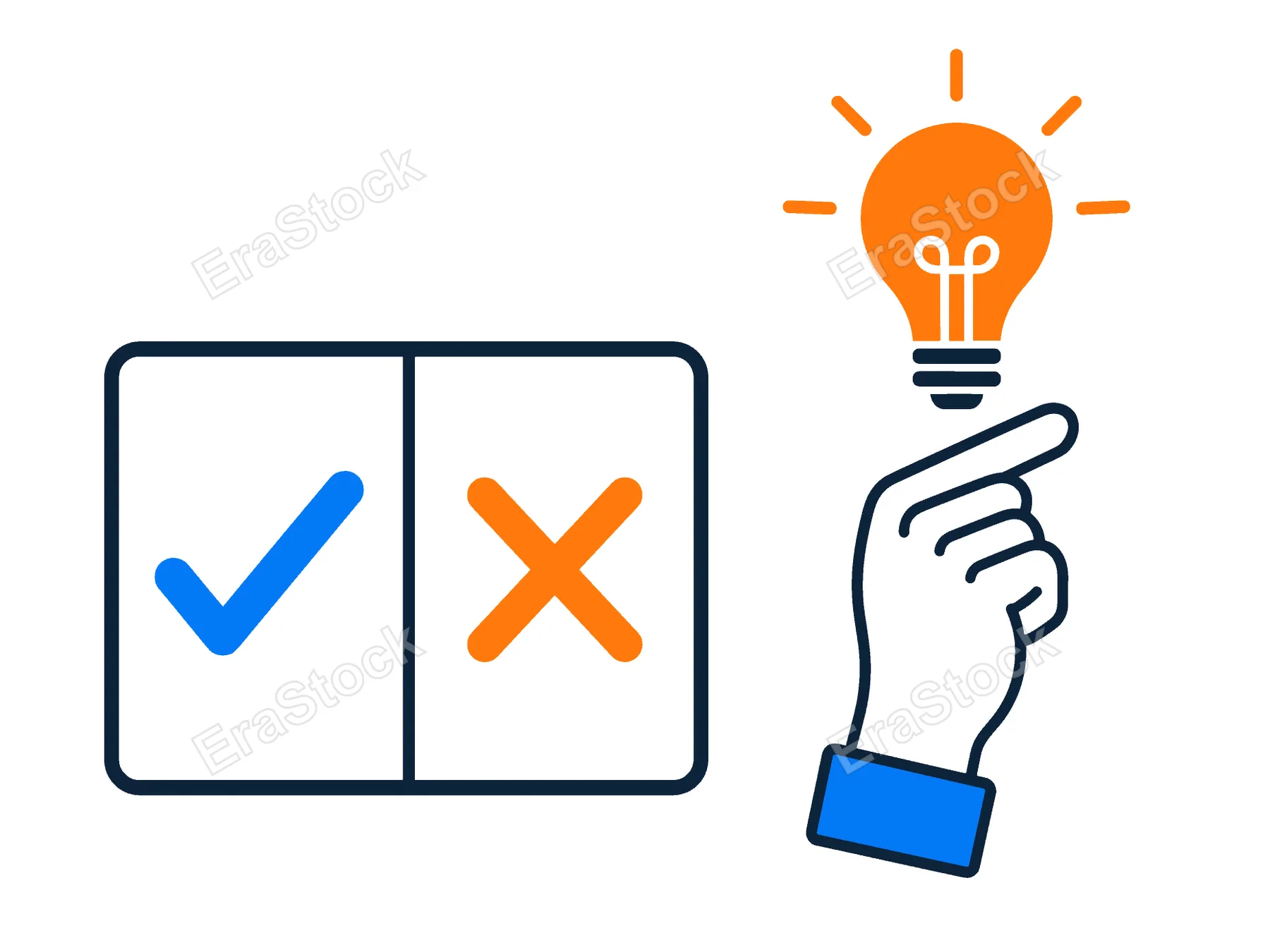A hand with a blue cuff holds an illuminated lightbulb above a divided box showing a blue checkmark and an orange cross