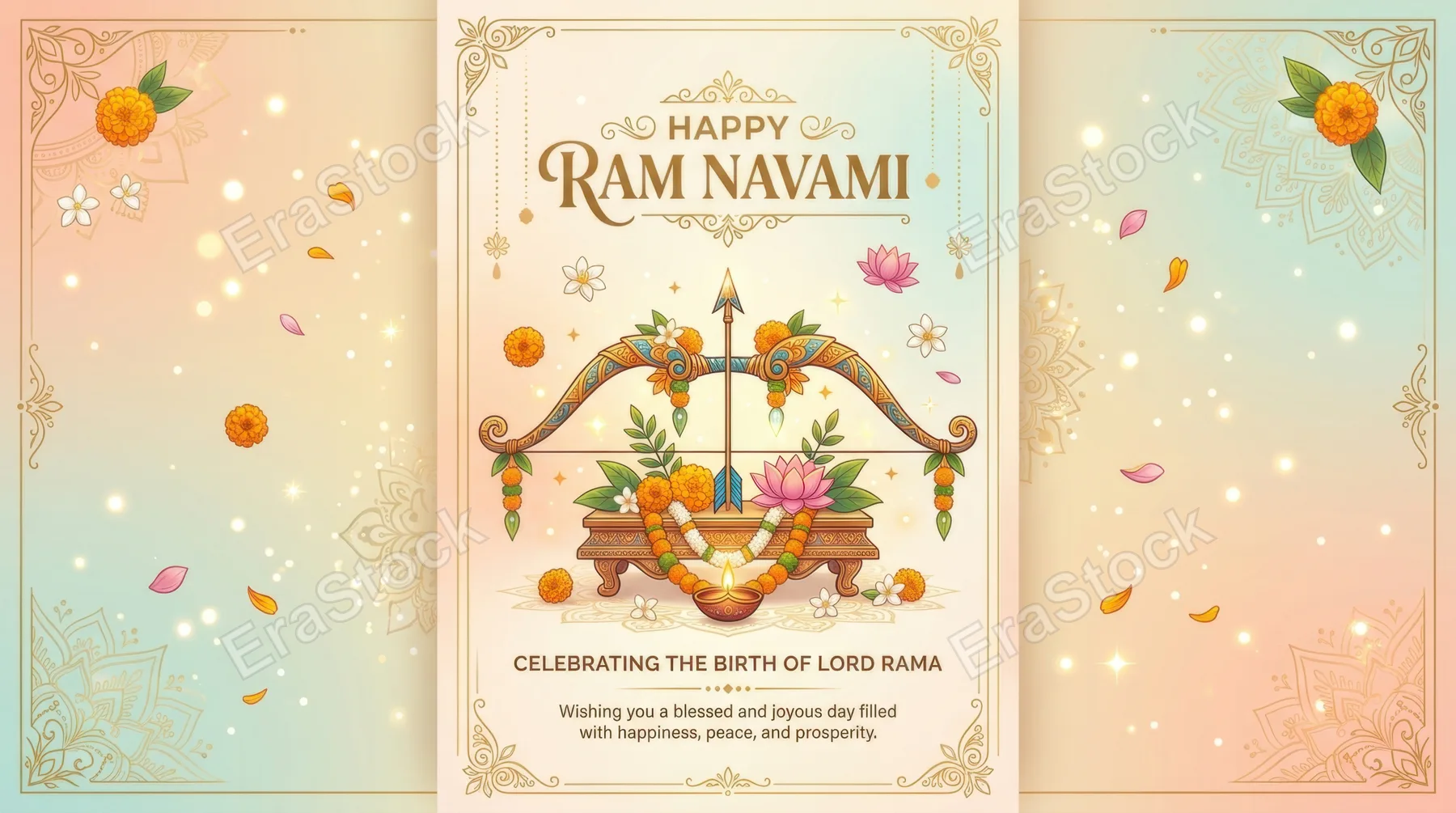 Ram Navami festive scene with symbolic elements like a bow and arrow placed on a decorative background, subtle light particles floating, pastel gradients blending into
