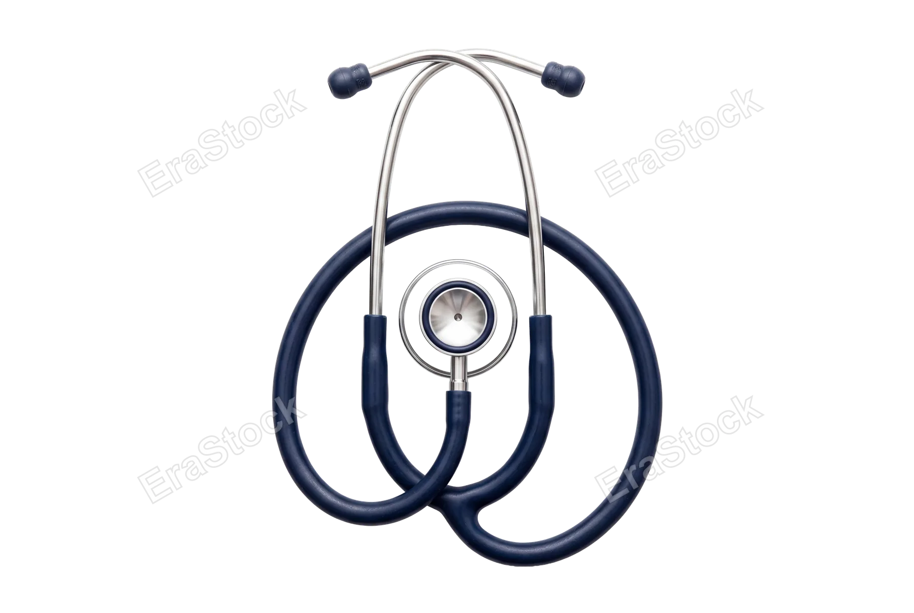Night nurse stethoscope with dark navy tubing, polished silver chest piece, coiled earpieces showing metallic sheen and rubber texture detail, isolated on pure