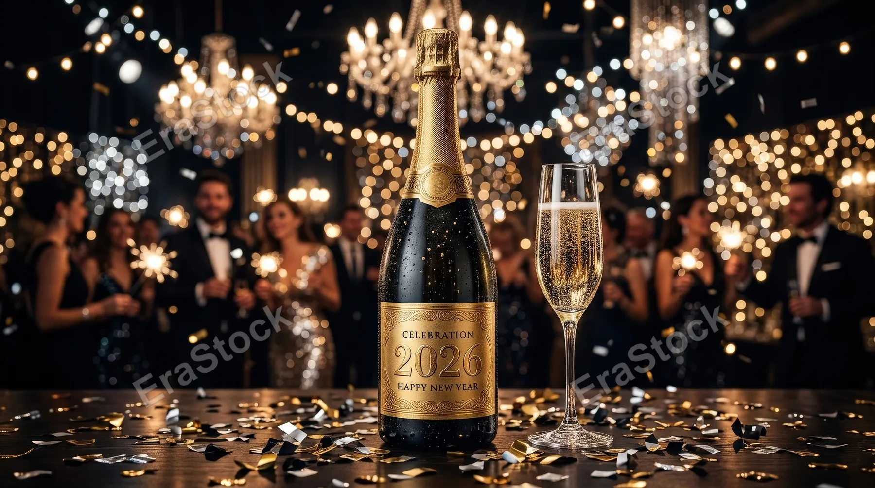 A luxury champagne bottle with a golden label and 2026 numbers surrounded by confetti and festive lights, dark glamorous background, premium New Year invitation mood, ultra-realistic, no logos.