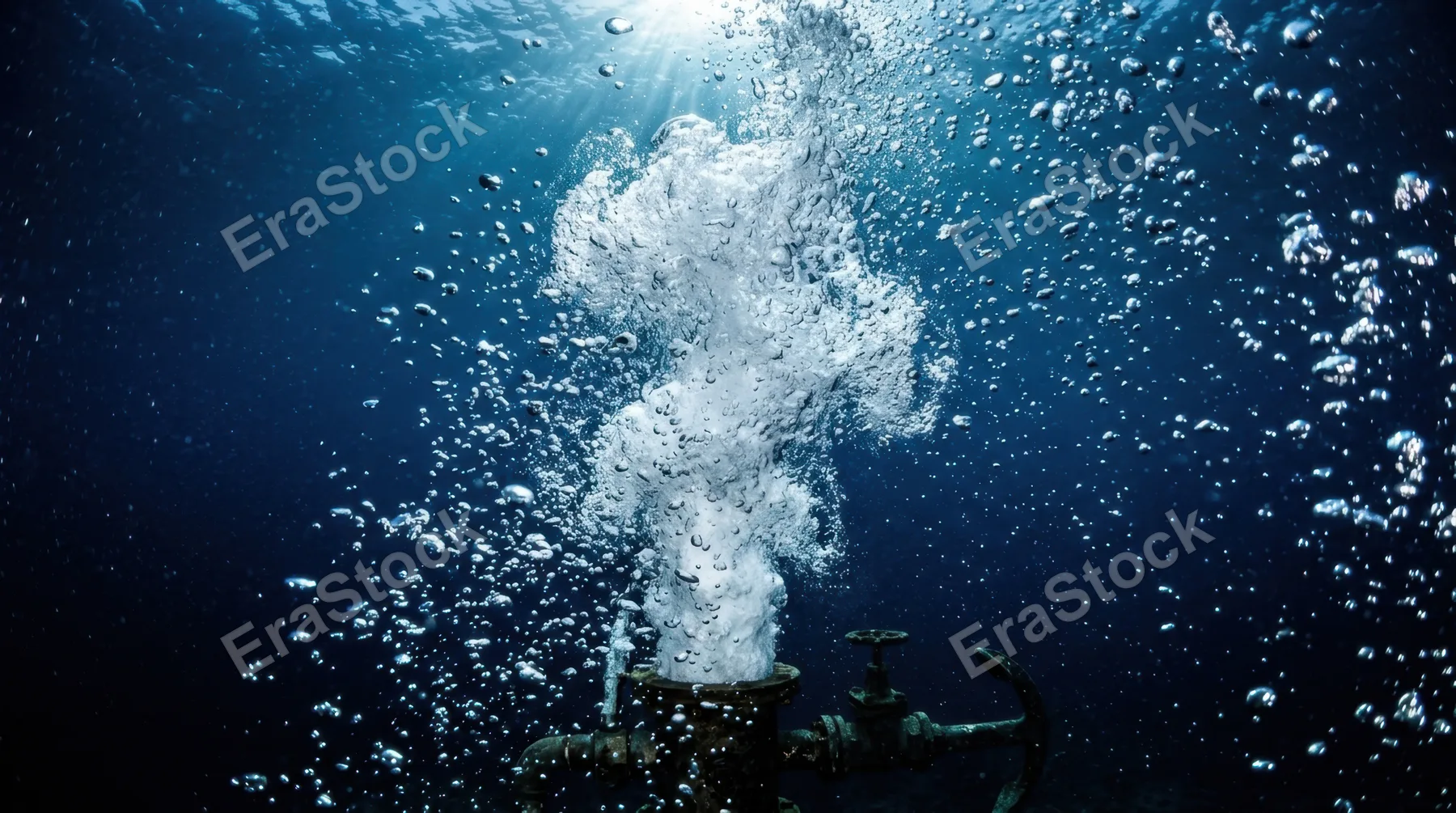 Underwater explosion of air bubbles released from a submerged source, thousands of spheres of varying sizes racing upward in a turbulent column, each bubble catching and
