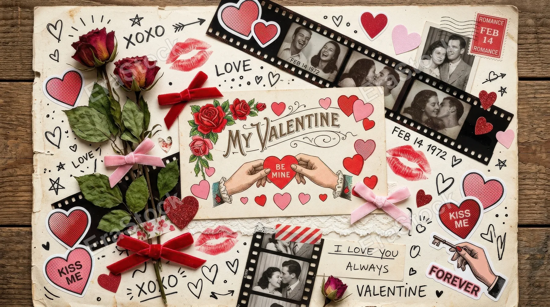A Valentine's collage set with red roses, pink hearts, lips, bows, hands and film-strip frames, halftone stickers, playful doodles and romantic retro charm, ultra-realistic, no logos.