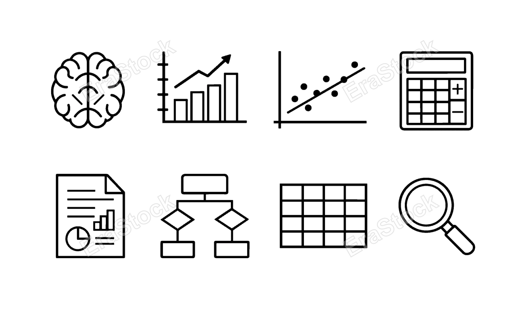Analytical thinking tools: brain, data chart, graph with dots, calculator, document report, flowchart diagram, grid table, search icon.