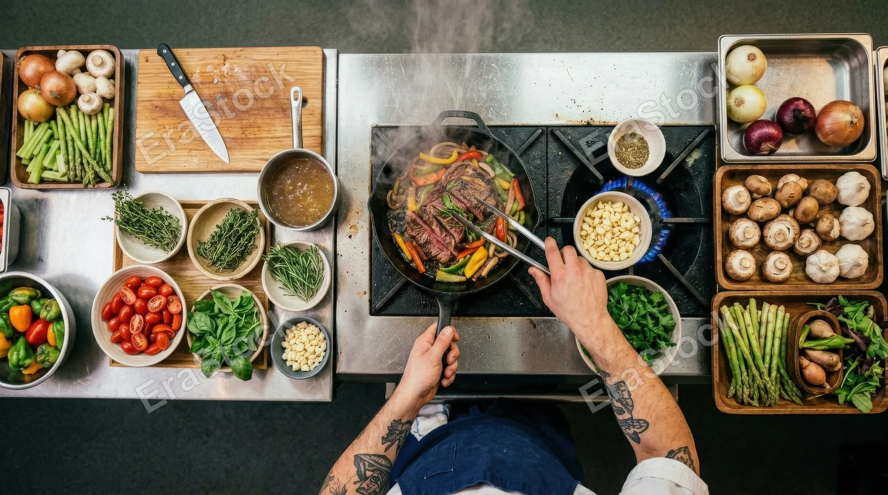 Top view of a chef cooking with fresh ingredients in a kitchen, restaurant menu concept, rich food textures and culinary action, ultra-realistic, no logos.