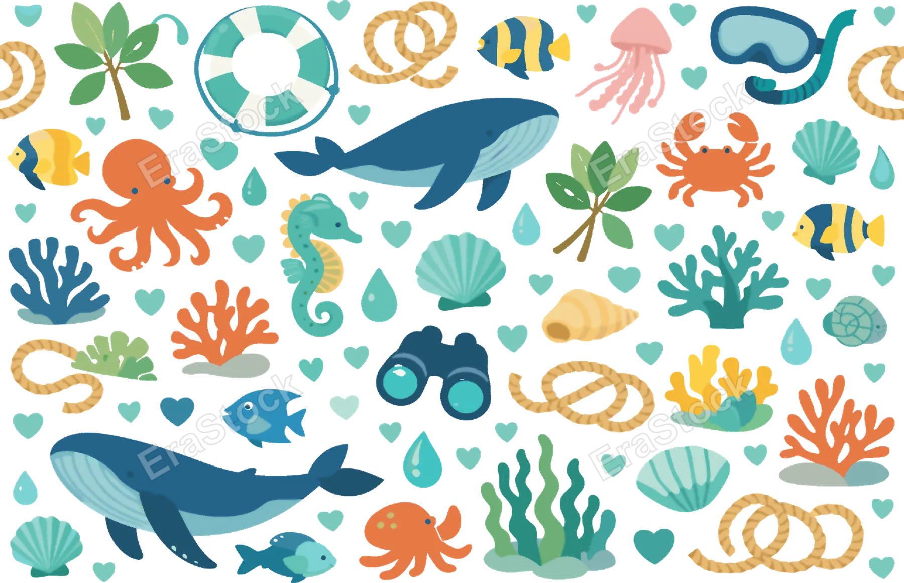 Marine wildlife protection seamless pattern focused on healthy ocean habitat with whale, jellyfish, octopus, crab, seahorse, reef fish, seaweed, coral, shell, water droplet,