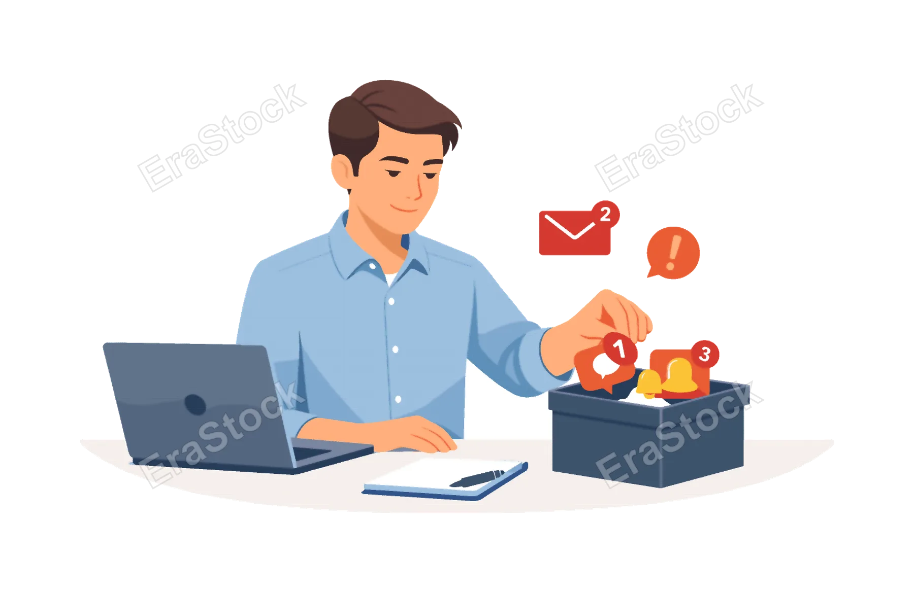 A professional improving concentration in a modern workplace environment, visual metaphor of a calm office worker gently placing distracting floating notification icons into a