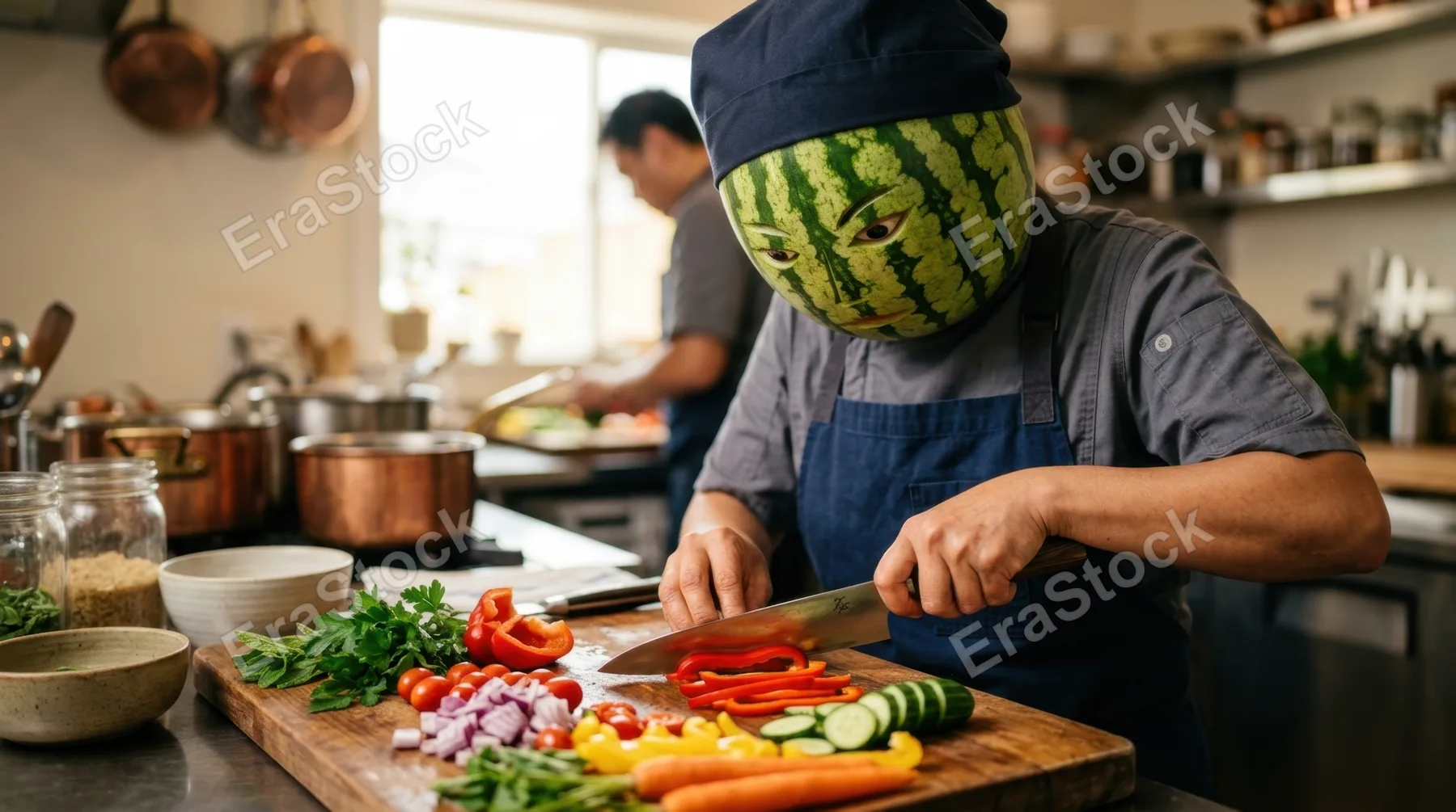a close-up of an asian female chef with a watermelon head as she focuses intently on slicing fresh, colorful vegetables for a summer salad. the kitchen's warm, soft light