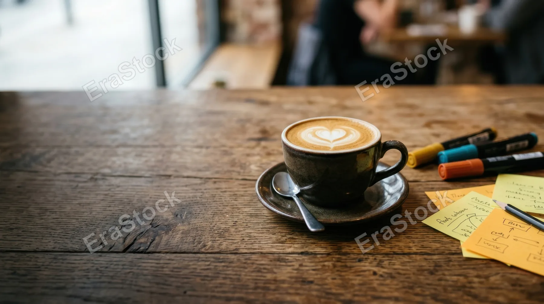 a graphic commercial shot focusing on the flat white at the center of the rustic wooden table, with generous negative space on one side for potential copy overlay. the