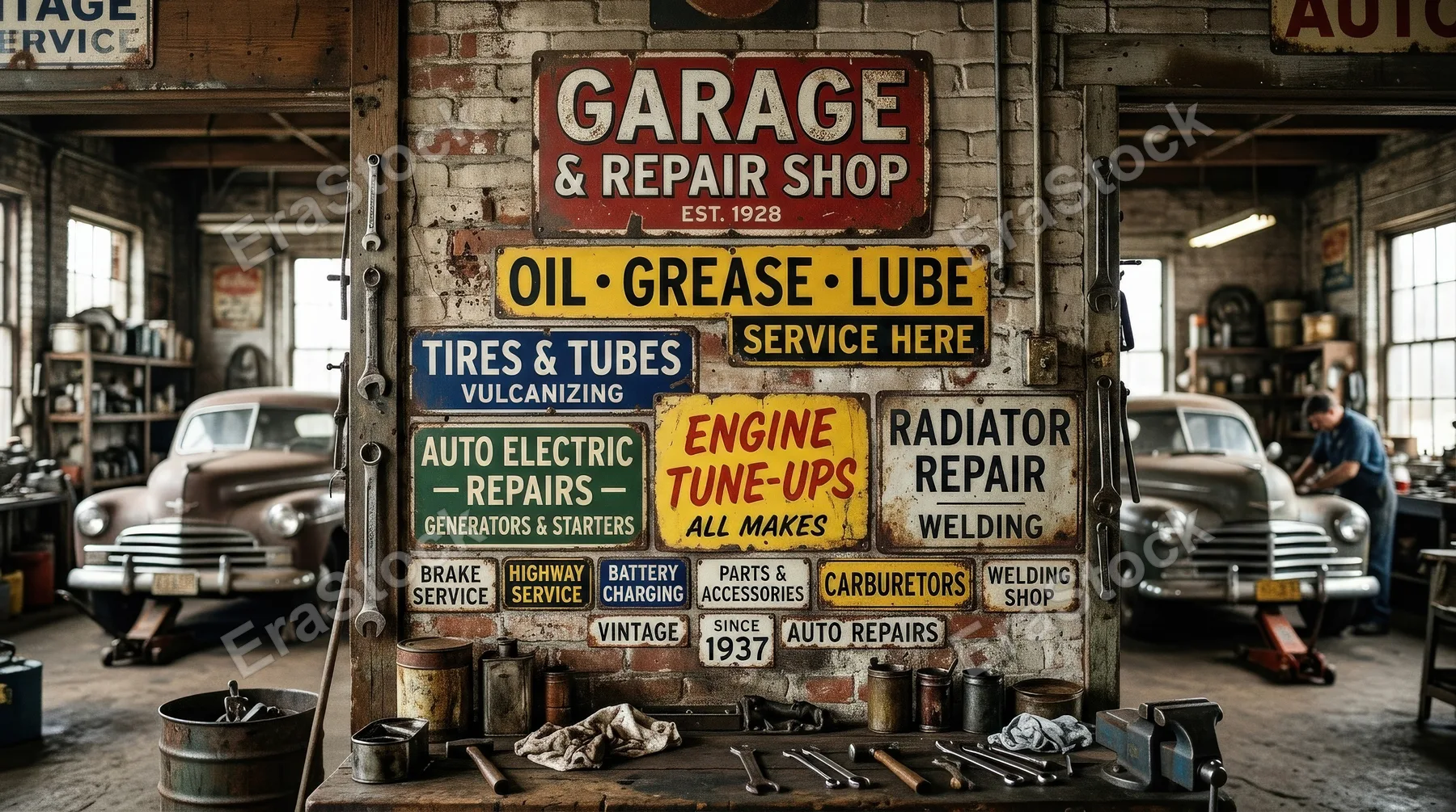 A collection of vintage automotive labels and garage signs, worn enamel textures, retro typography styling, nostalgic workshop atmosphere, ultra-realistic, no logos.