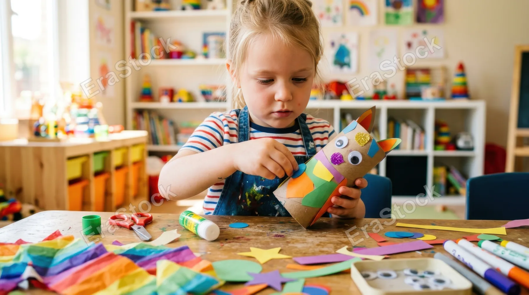Young child carefully gluing colorful paper shapes and googly eyes onto a cardboard tube, transforming it into a whimsical creature character, surrounded by scattered