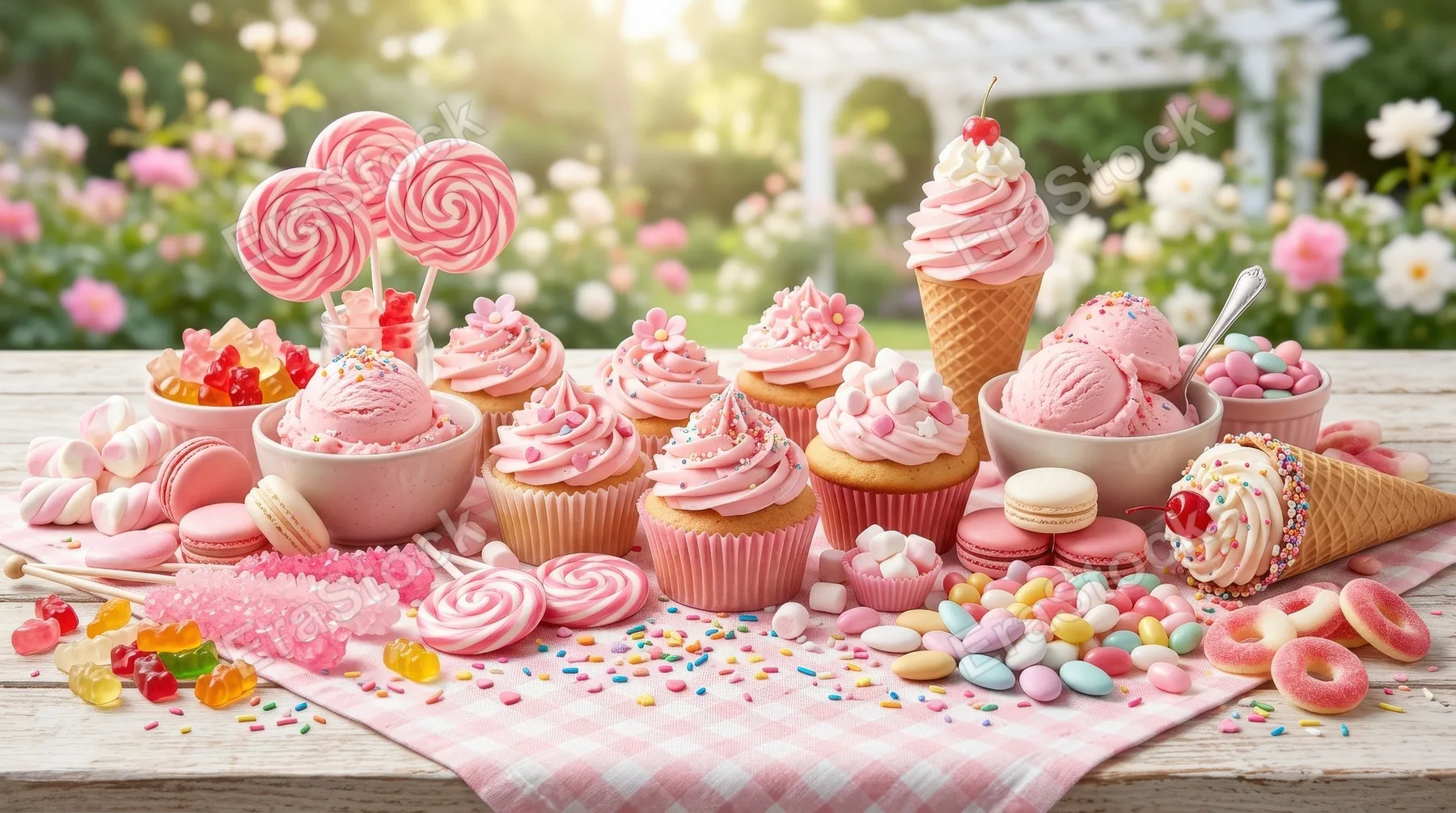 A seamless arrangement of ice cream, cupcakes and candy in sweet pastel pink tones, playful dessert textures and airy summer charm, bright cheerful mood, ultra-realistic, no logos.