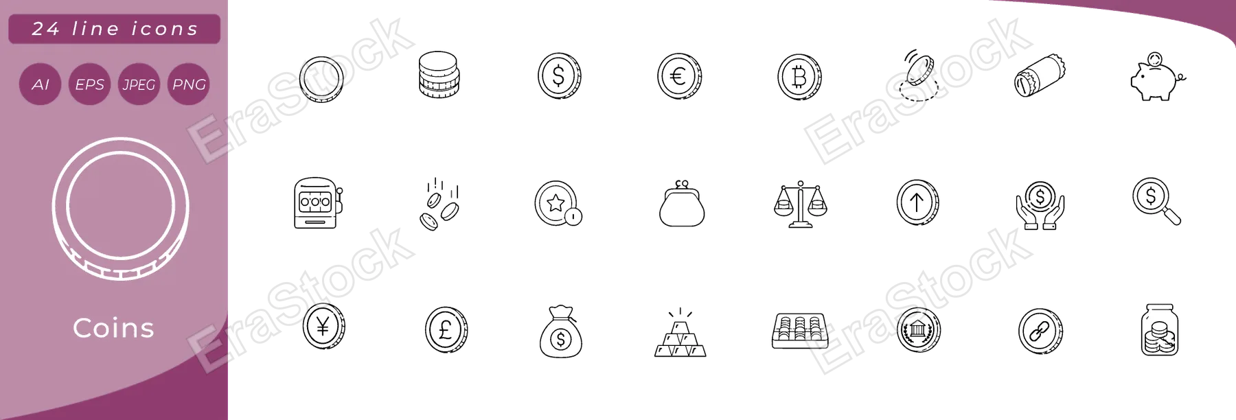 Coins: single coin face, coin stack, coin with dollar sign, coin with euro sign, coin with bitcoin symbol, coin flip in air, coin roll wrapper, piggy bank, coin slot machine, falling coins rain, coin