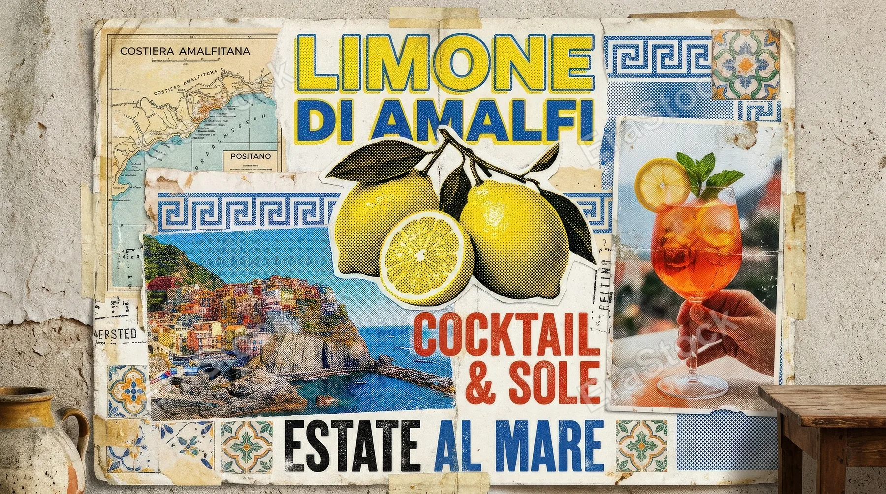 A halftone lemon collage with Amalfi cocktail energy, retro Italian-Greek grunge texture and bright summer citrus poster mood, ultra-realistic, no logos.