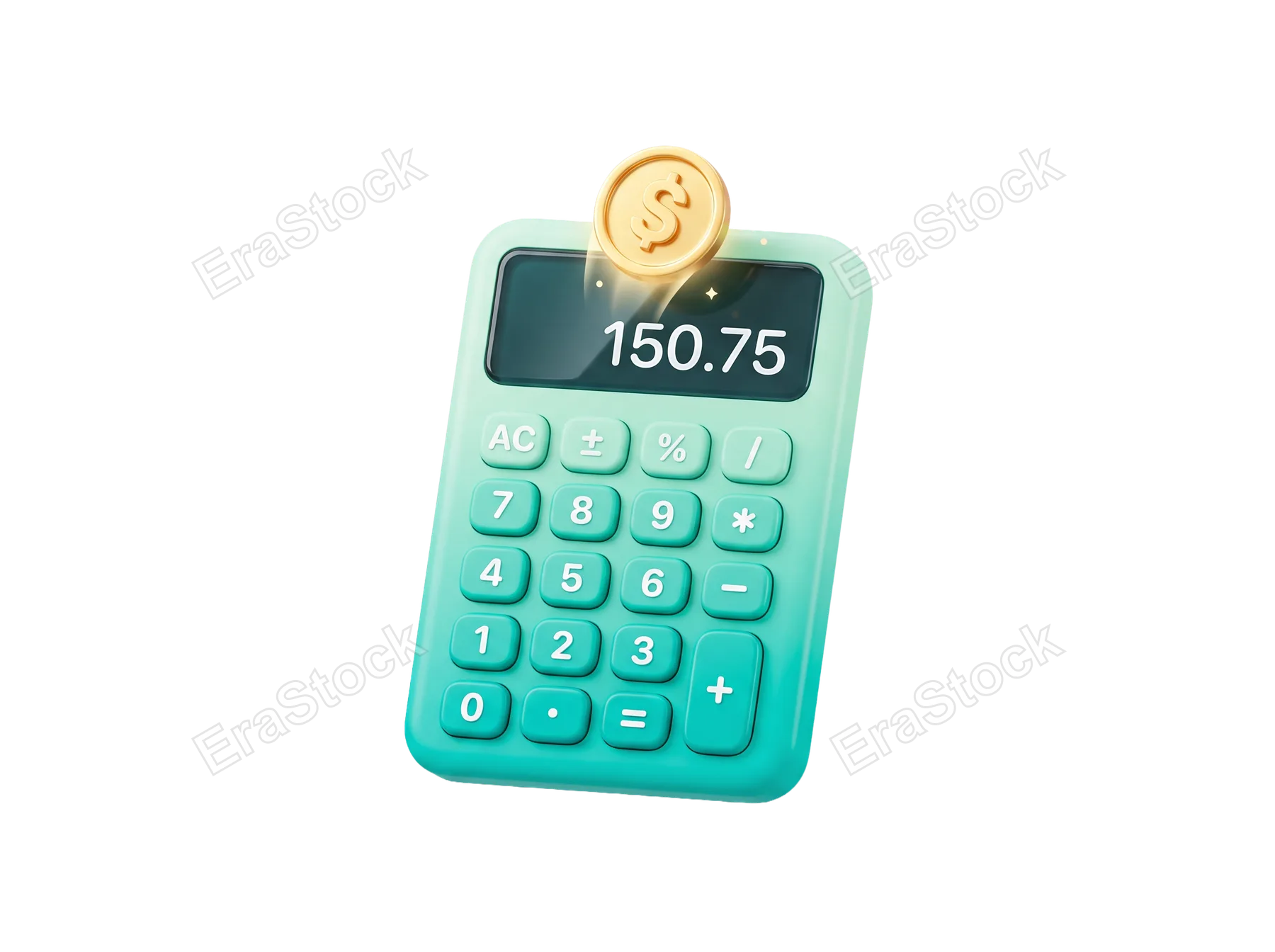 A teal calculator shows the number 150.75 on its display with a shiny gold coin hovering above it