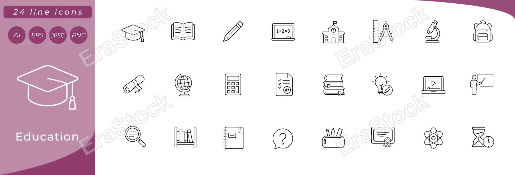 Education: graduation cap, open book, pencil, chalkboard with formula, school building, ruler and compass, microscope, backpack, diploma scroll, globe on stand, calculator, test paper with grade
