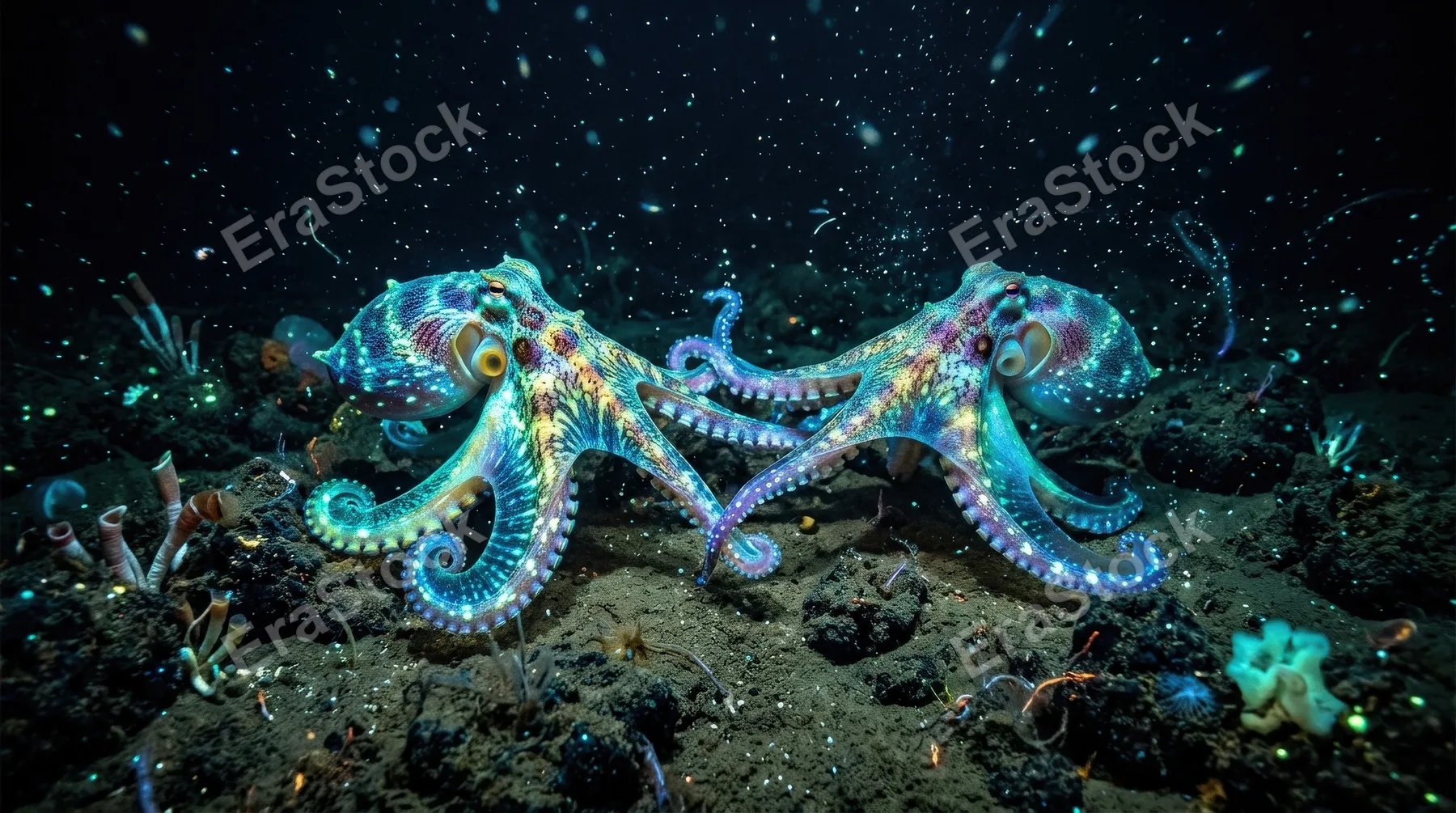 Two bioluminescent octopuses interacting on the ocean floor, glowing multicolored bodies, drifting particles and mesmerizing underwater wonder, ultra-realistic, no logos.