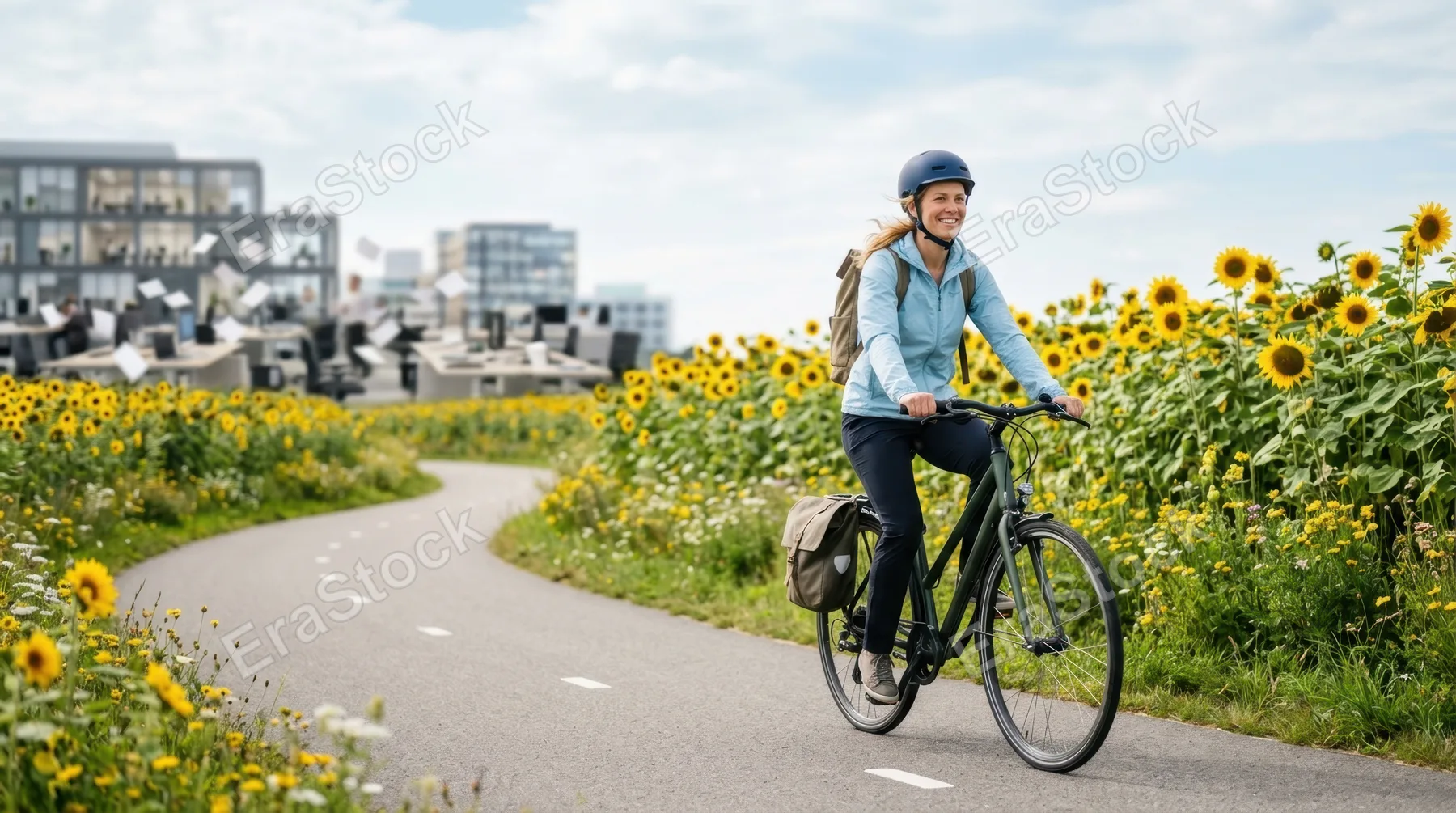 a graphic commercial shot of a 40-year-old white female commuter biking through a serene sunflower-covered street, with cool blue and crisp white tones emphasizing the