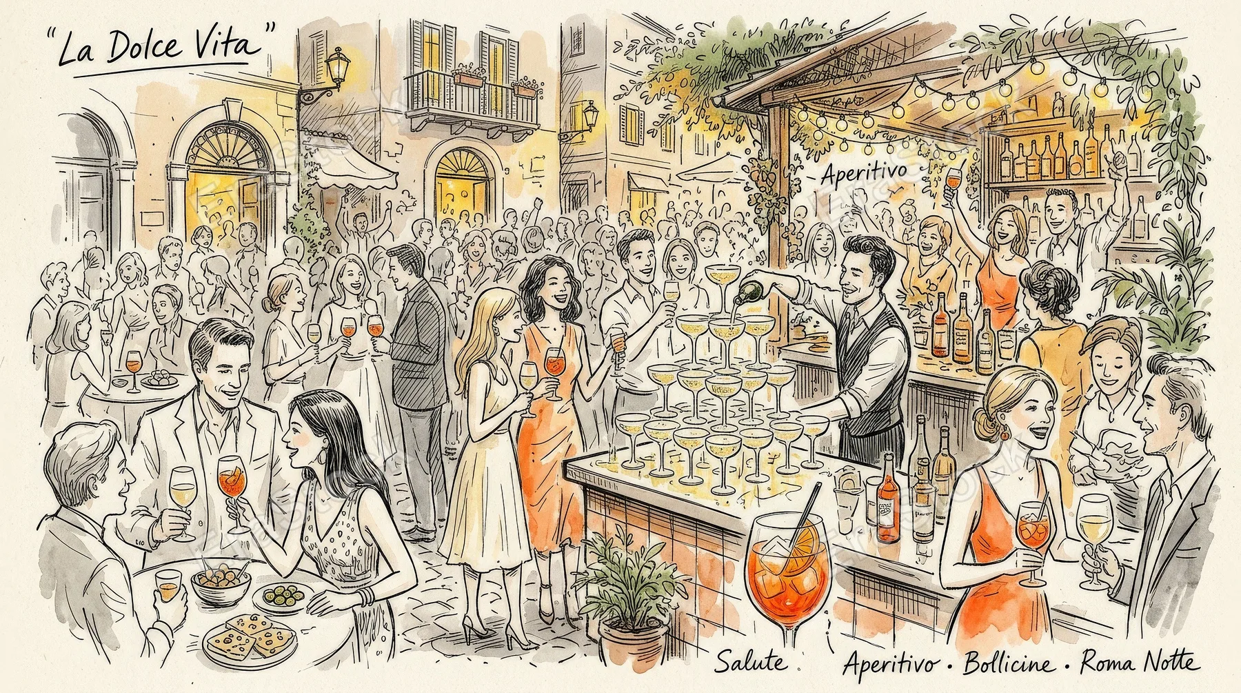 La dolce vita Italian party sketches with wine, aperol spritz, and champagne pyramid, airy ink linework and a lively celebratory bar atmosphere, ultra-realistic, no logos.