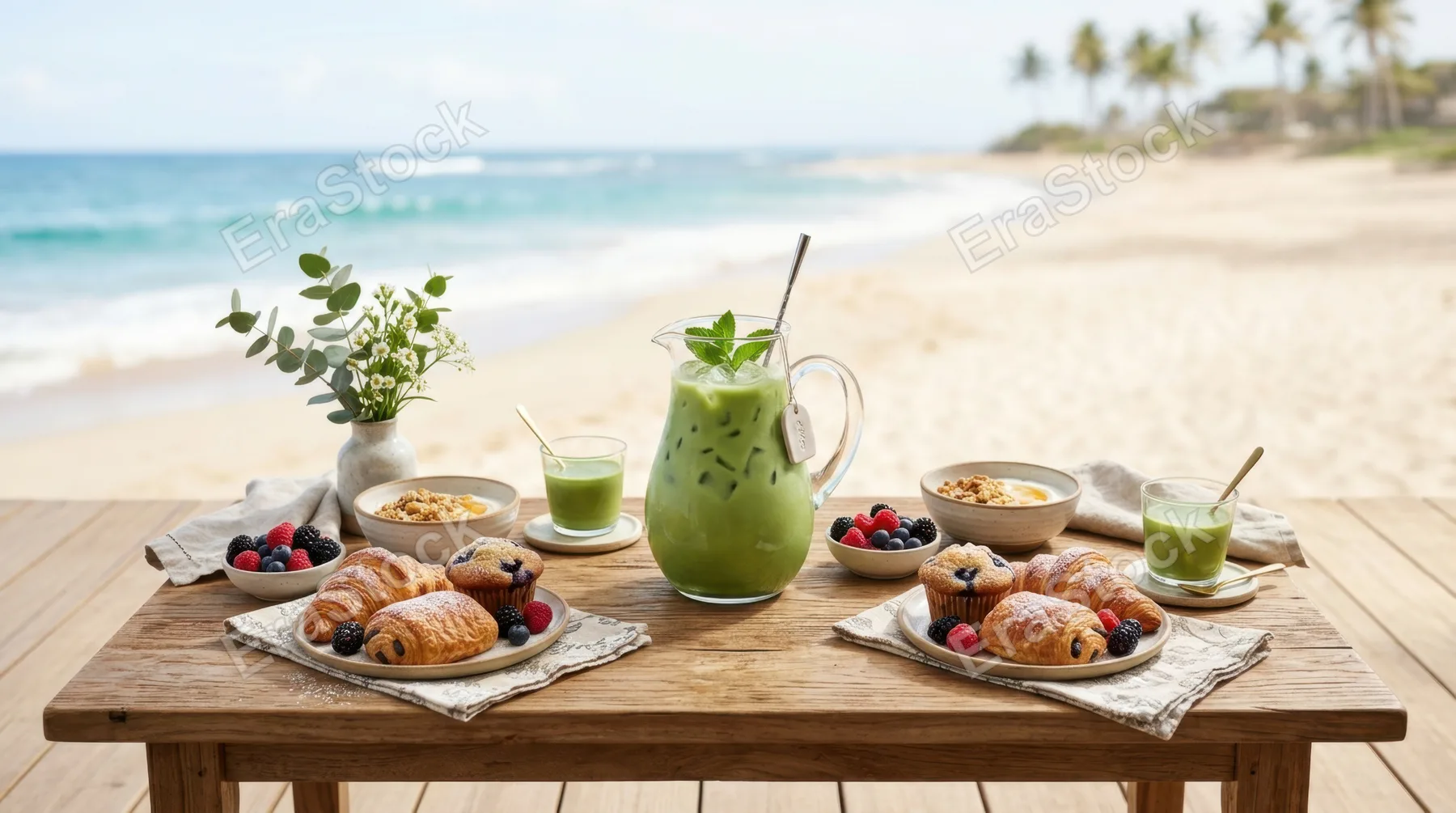 a graphic commercial composition of the brunch setup featuring a prominent pitcher of iced matcha amidst a symmetrical arrangement of pastries, set against a soft beach