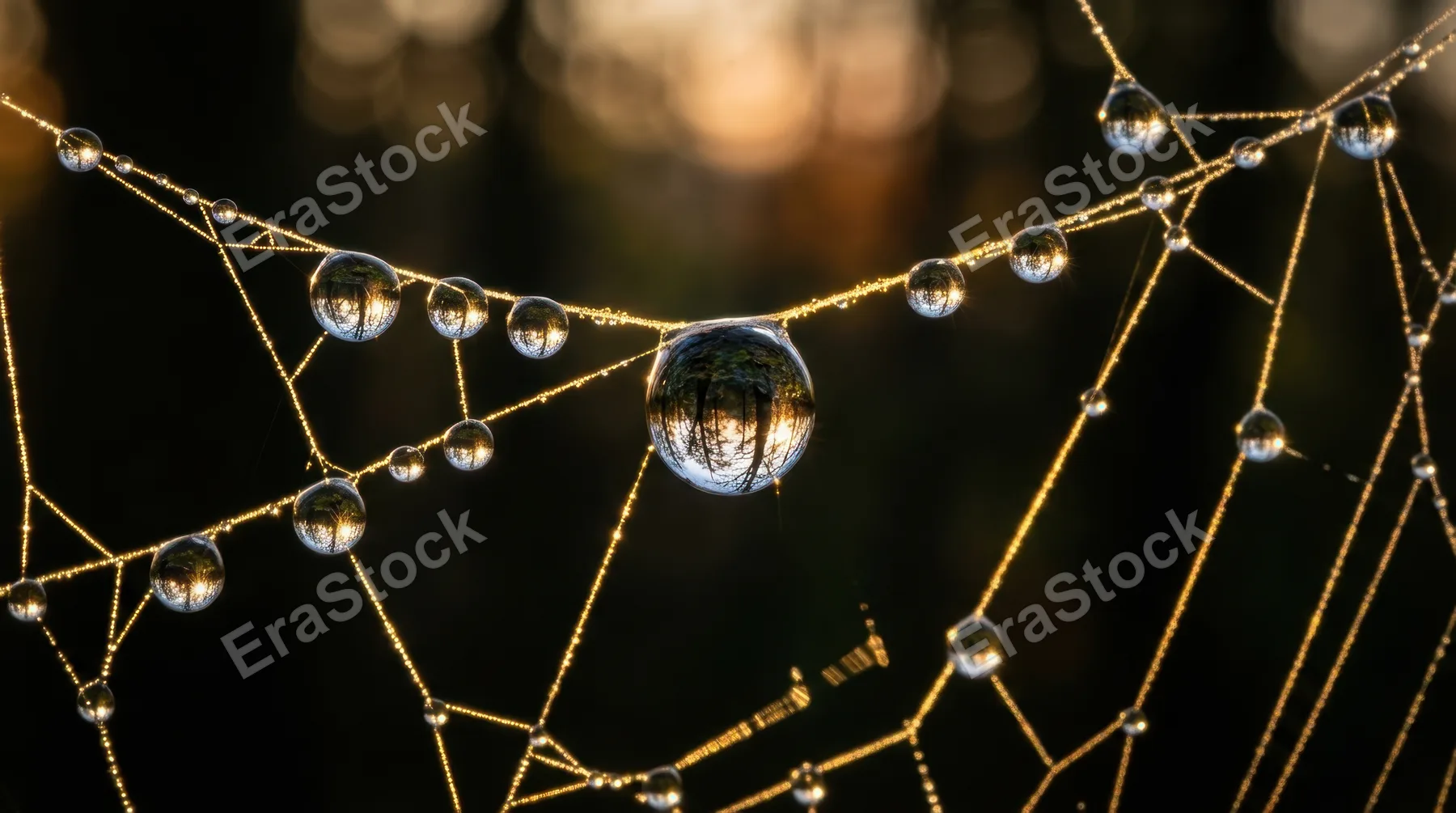 A microscopic world of water droplets on a spider web at dawn, each spherical drop containing a perfectly inverted reflection of the surrounding forest, the web threads