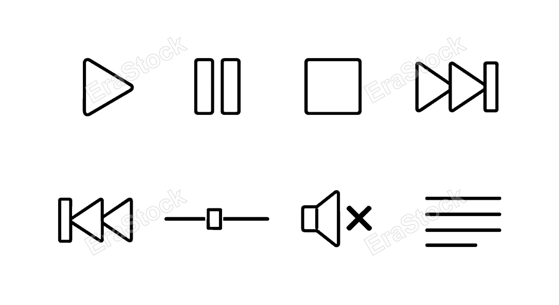 Music playback controls: play button, pause button, stop button, forward skip, rewind skip, volume slider, mute icon, playlist list.