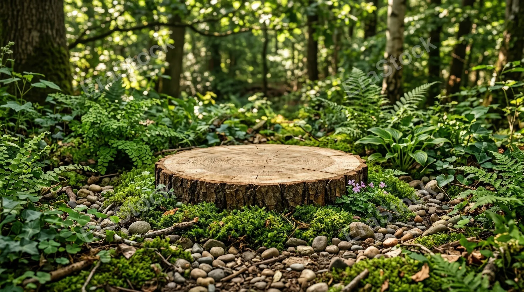A natural wood slice podium on moss surrounded by green plants and pebbles with soft dappled light, earthy textures, fresh organic atmosphere, ultra-realistic, no logos.