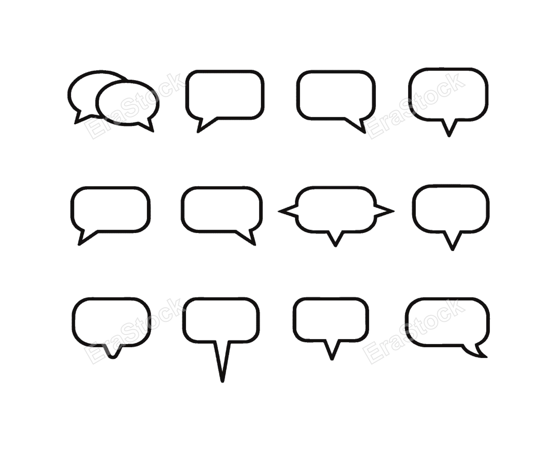 Geometric dialogue bubbles set: double speech bubble overlap, speech bubble with tail bottom left, speech bubble with tail bottom right, speech bubble with tail center bottom