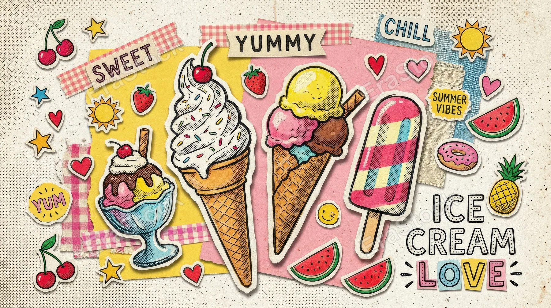 An ice cream halftone collage set with summer dessert stickers, dotted vintage texture, playful paper cut edges and cheerful mixed-media sweetness, ultra-realistic, no logos.