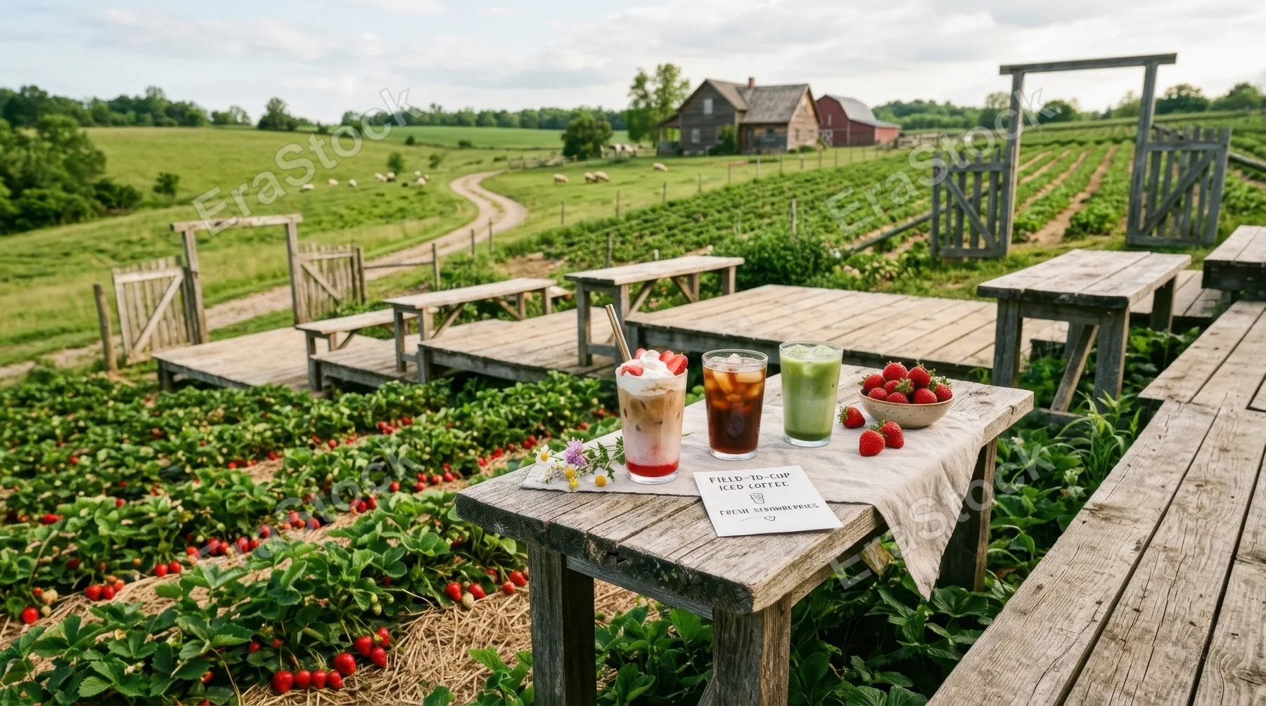 a serene outdoor scene featuring terraced wooden tables laden with artisanal iced coffee drinks, surrounded by lush green meadows and vibrant rows of ripe strawberry