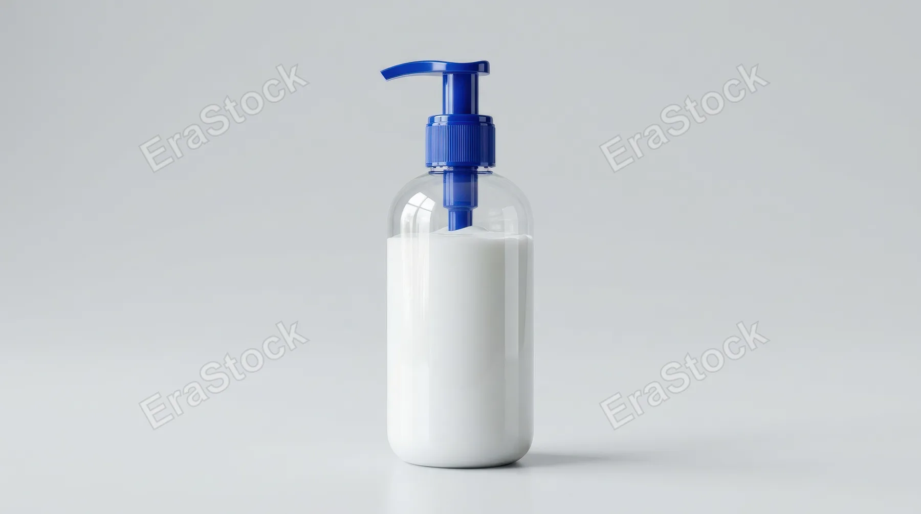 A lotion dispenser with blue trim isolated on a clean background, filled with thick cream, glossy plastic finish and neat cosmetic product styling, ultra-realistic, no logos.