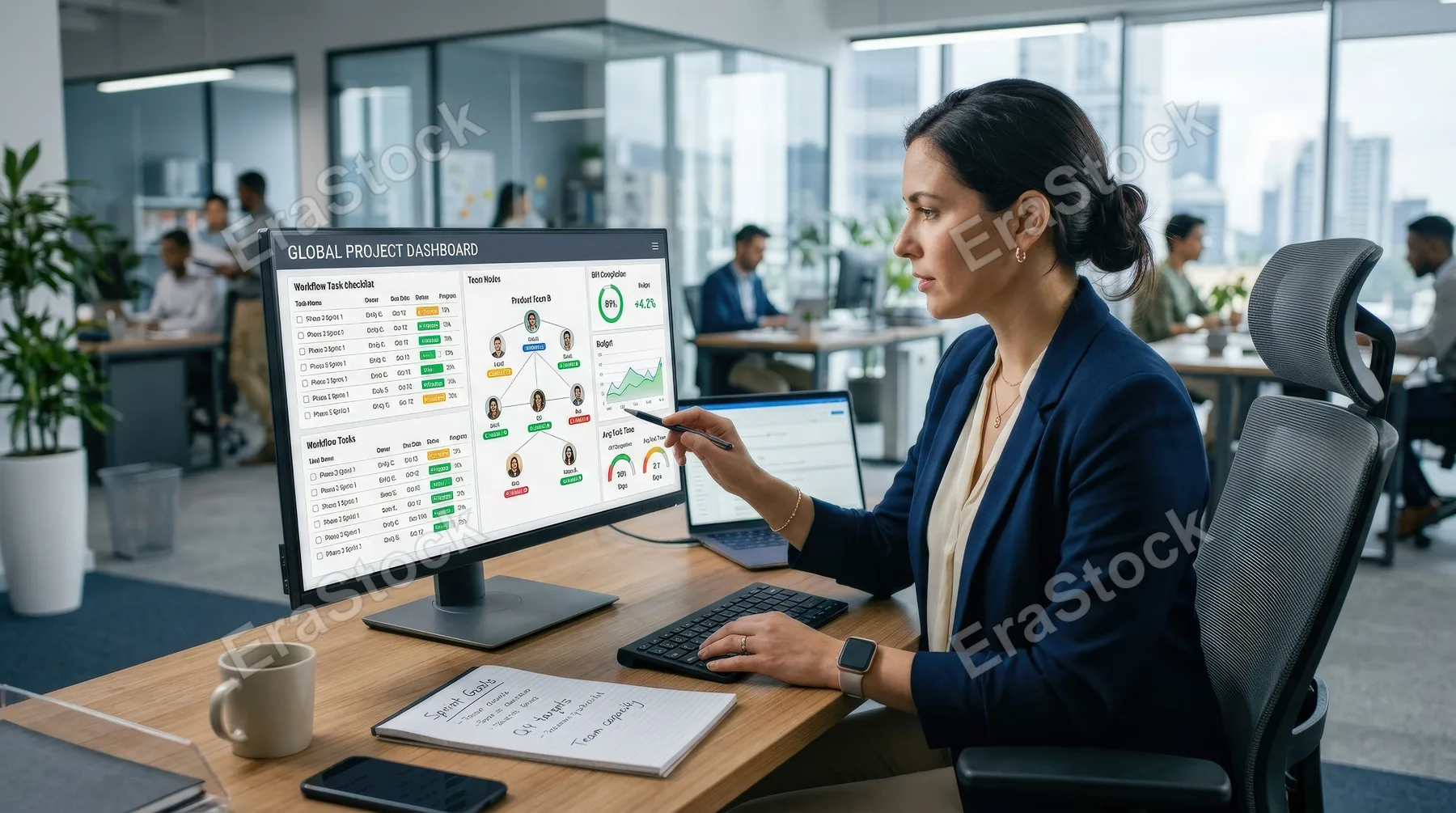 A project manager reviewing a digital workflow dashboard with task checklists, team structure nodes and performance targets, polished office setting, strategic execution and measurable results mood,