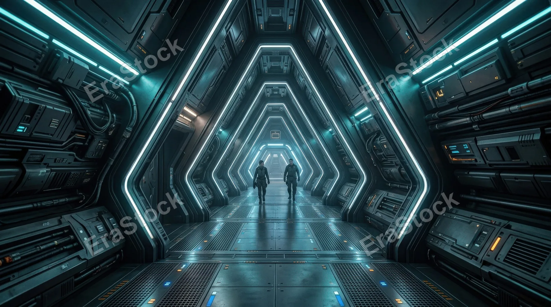 A triangular spaceship corridor with futuristic tunnel lighting, strong perspective, sleek sci-fi depth, ultra-realistic, no logos.
