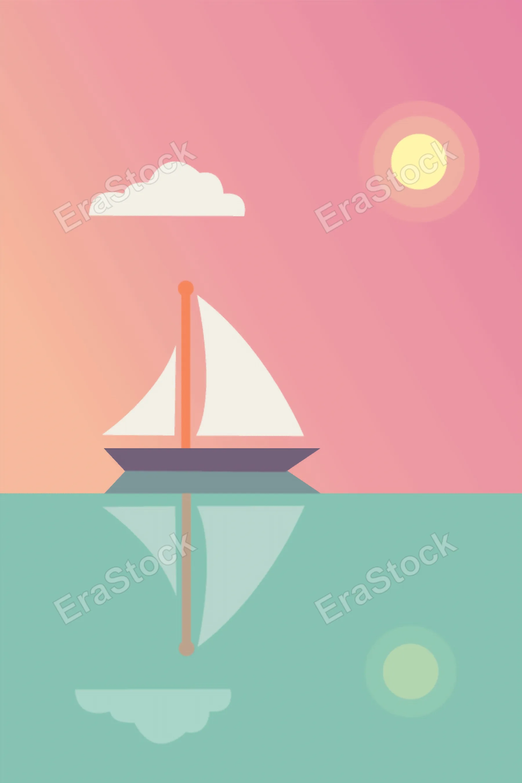 Minimalist sailboat glides on calm sea under a pastel sky with sun and cloud
