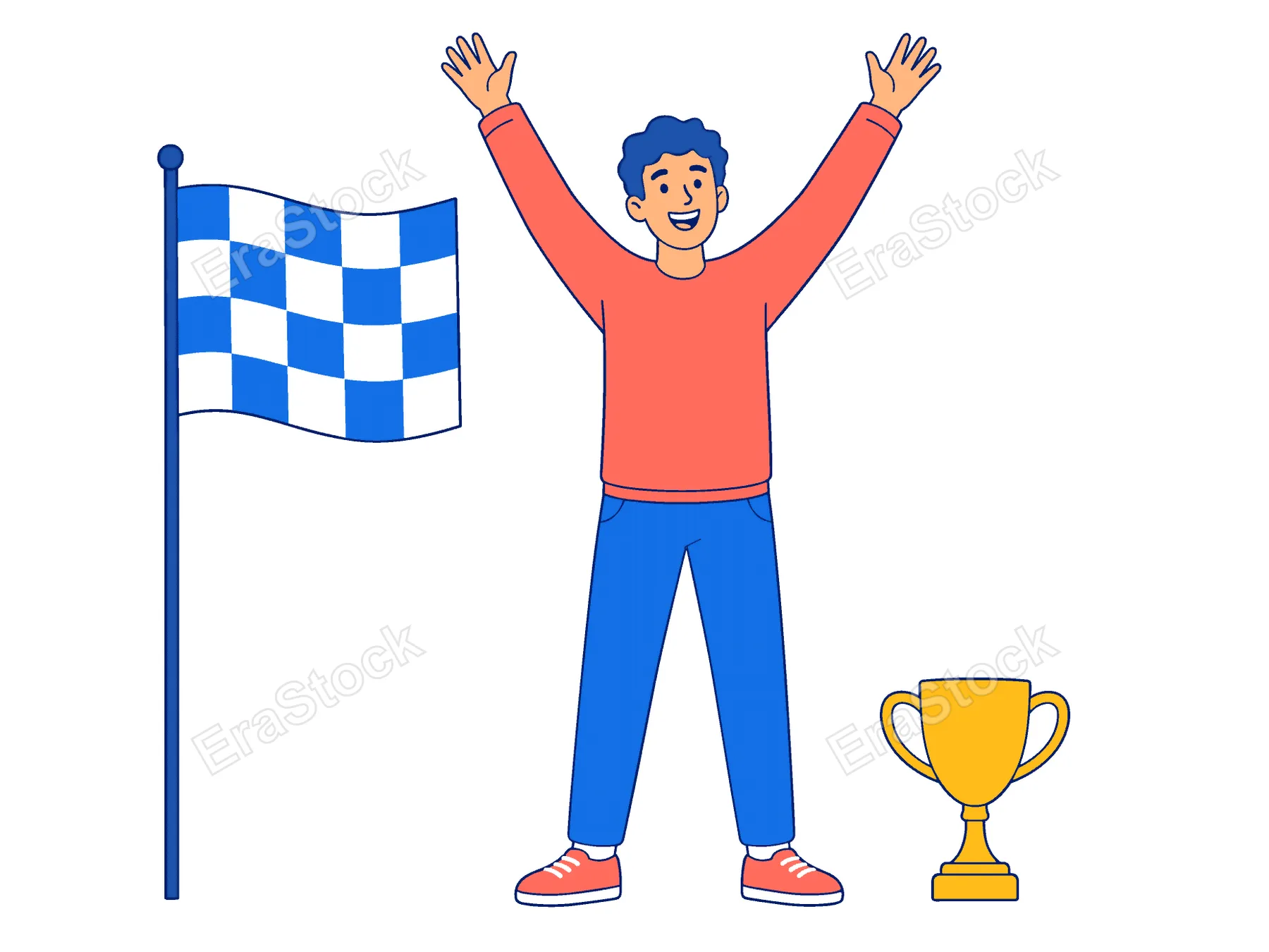 A happy man stands with his arms raised in triumph next to a checkered flag and a golden trophy, symbolizing achievement and success