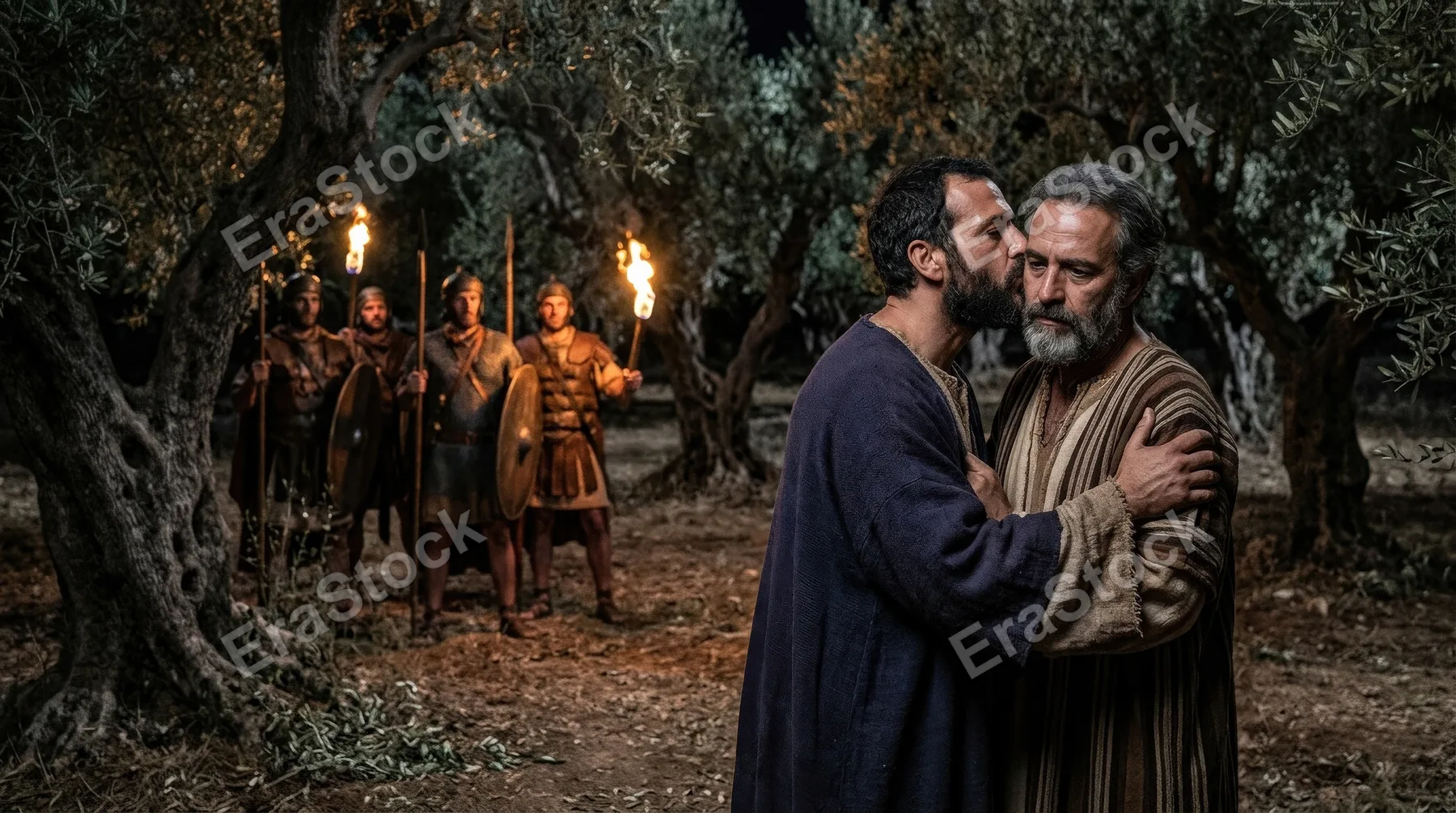 A man kissing another in a dark olive grove to betray him, torchlight, ancient robes, tense soldiers nearby and a haunting Easter Passion mood, ultra-realistic, no logos.