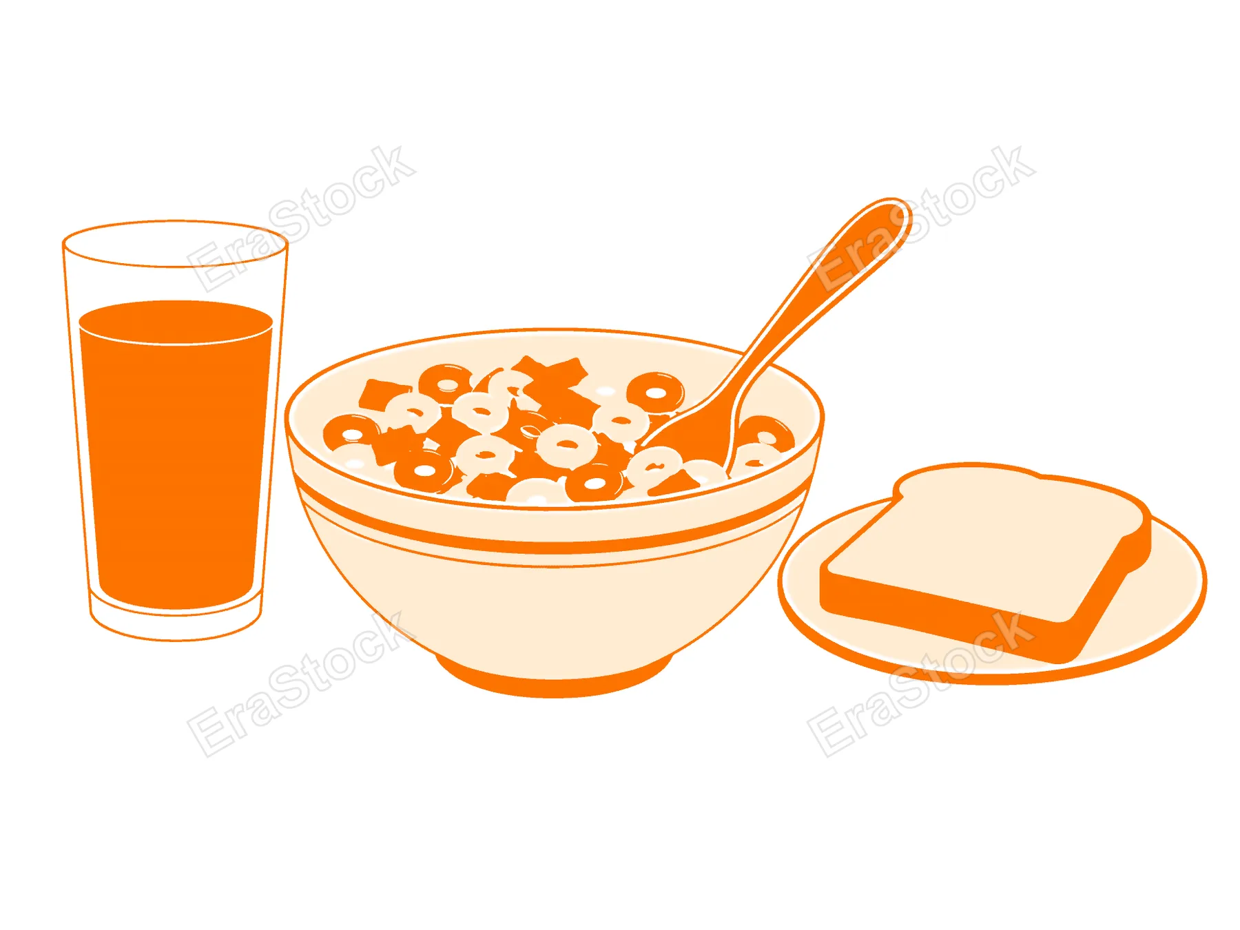 A simple illustration of a glass of orange juice, a bowl of cereal with a spoon, and a slice of toast on a plate, perfect for morning meal concepts